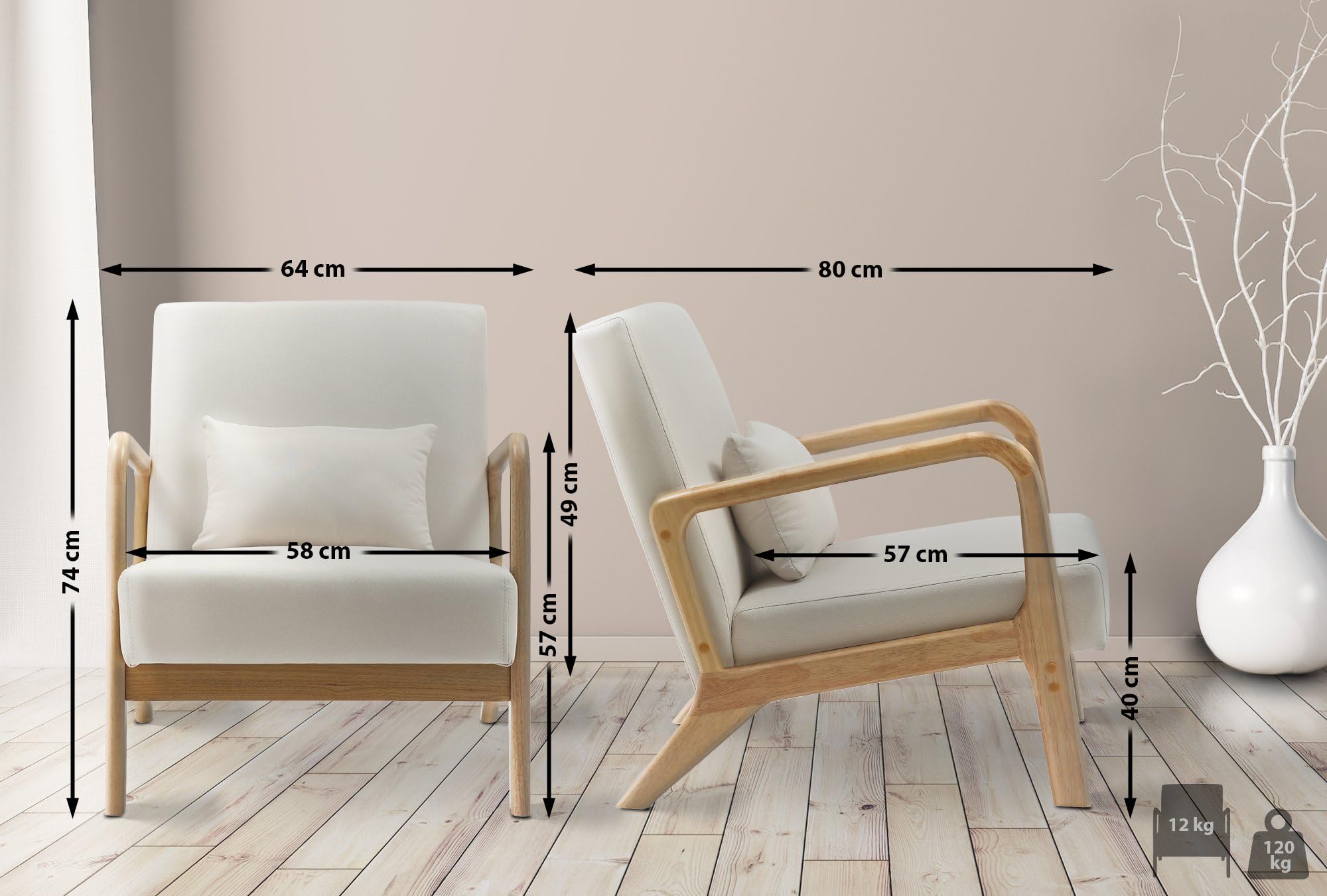 CLP Poltrona Relax Hibbing I Comoda Poltrona Imbottita in Tessuto I Struttura in Legno di Gomma I Poltrona per Soggiorno e Camera da Letto, Colore:Crema
