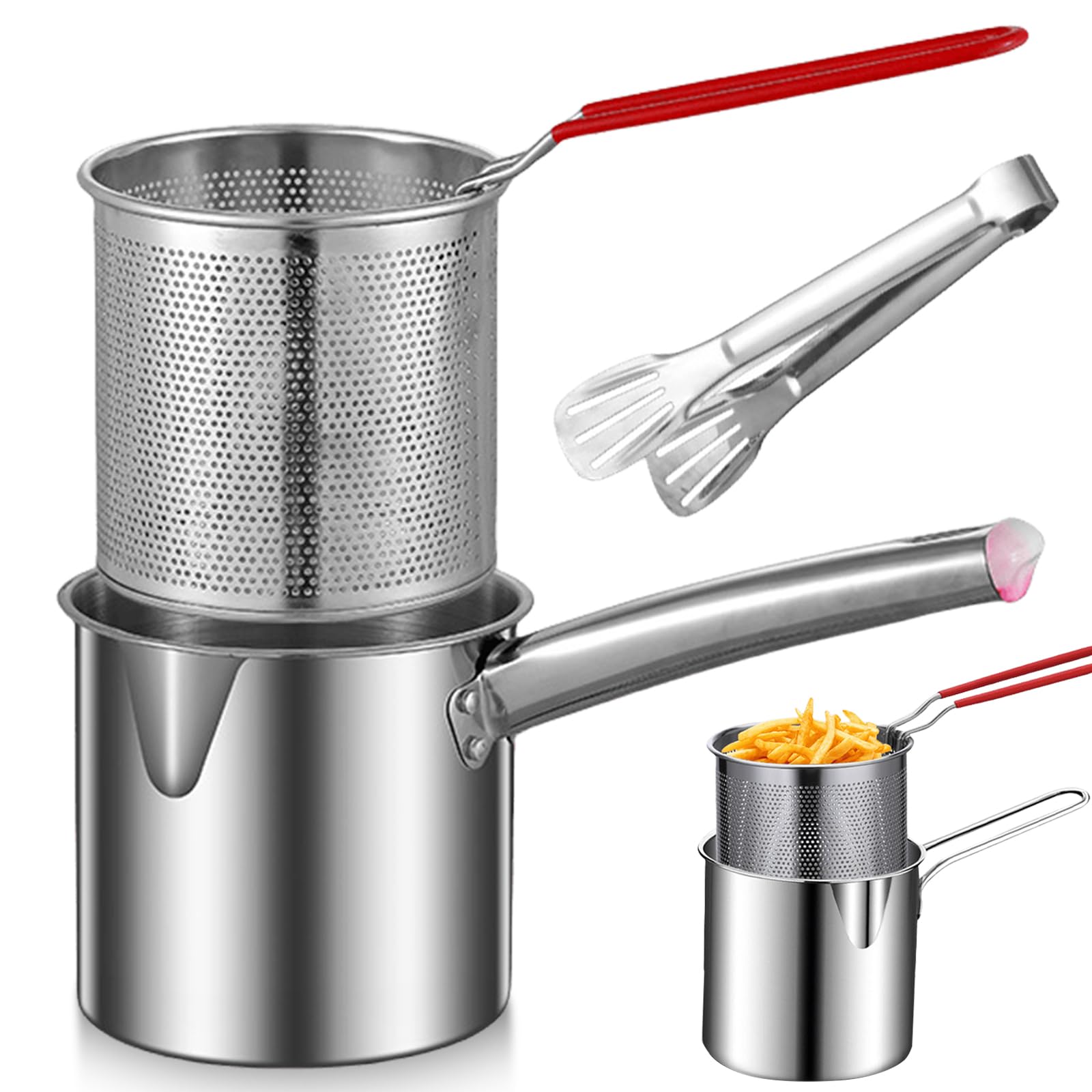 GOMETY Pentola da 1,8 l, in acciaio inox 304, contenitore per grasso con filtro a maglia fine, filtro e taglio per cucina/campeggio, adatta a tutti i piani cottura (set di friggitrice)