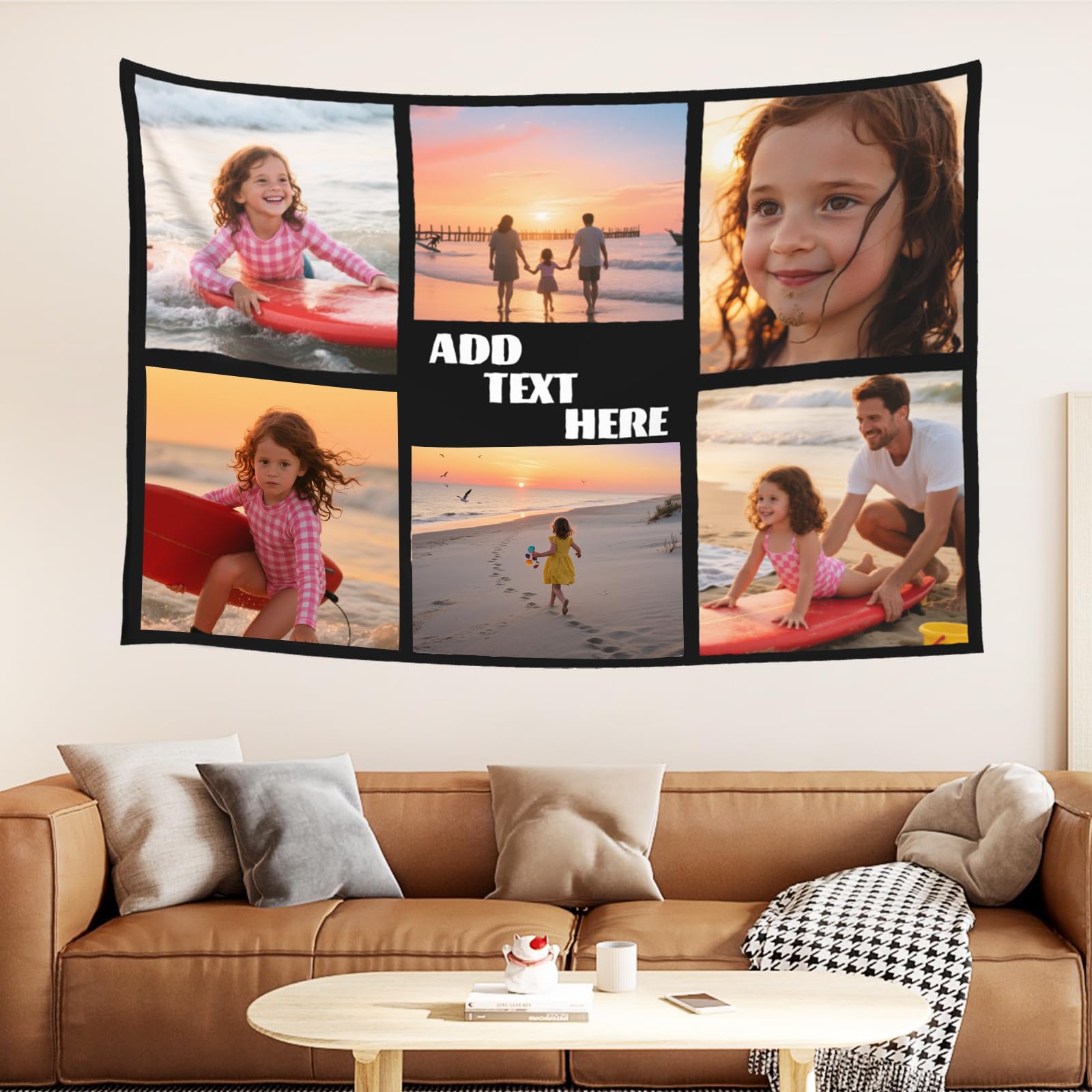 Xunqi Xufa Horizontal-6Photo Custom Tapestry With Photo Text, Personalised Photo Wall Tapestry, Customised Backdrop Banner, Customized Your Own Tapestry For Home Decor Wedding Graduation Birthday Party (Horizontal-6Photo)