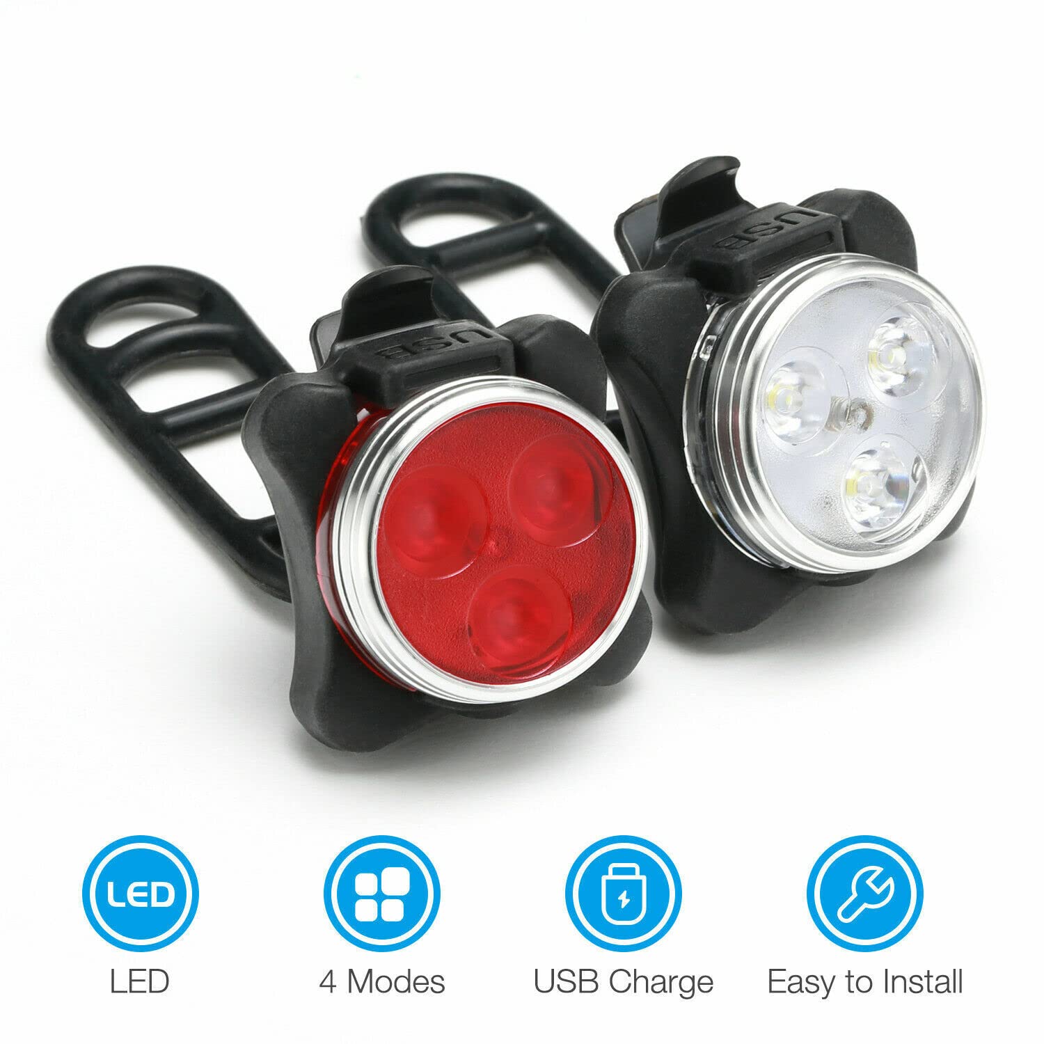 Set di luci per bicicletta ricaricabili, super luminose anteriori e posteriori a LED, 650 mAh, batterie al litio, 4 opzioni di modalità (2 luci totali [totale di 4 luci])