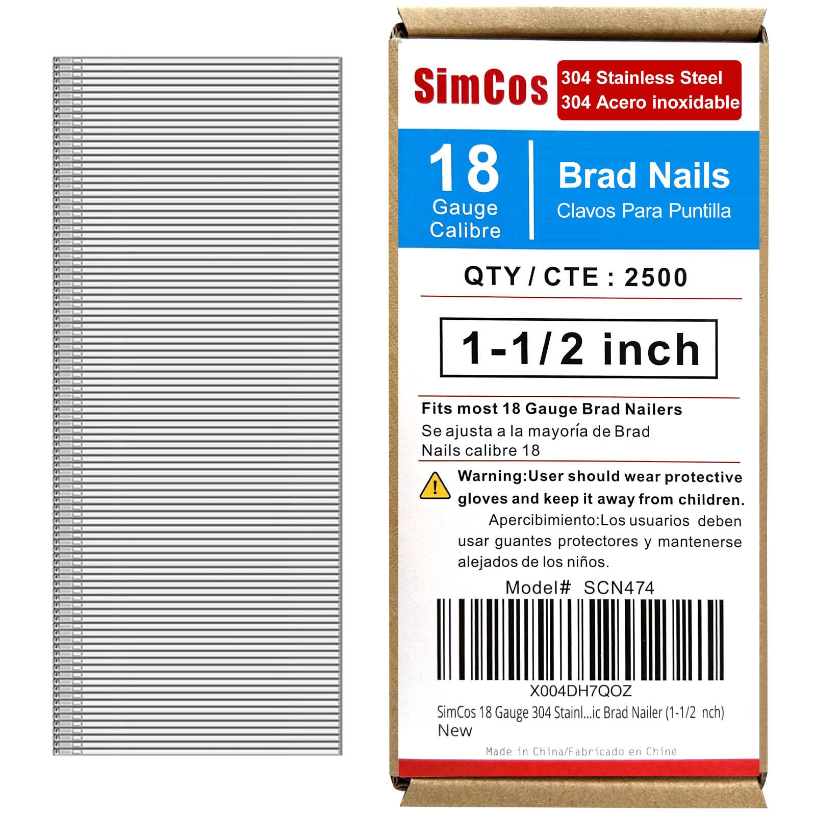 SimCos 18 Gauge 304 Stainless Steel Brad Nails 18 GA Nail Gun Nails Assorted and Small Finishing Nails for Pneumatic, Electric Brad Nailer (1-1/2 Inch