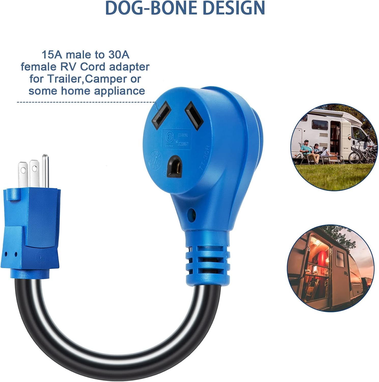 RV Adapter Cord 15 Amp to 30 Amp for RV Trailer Camper, 5-15P Male to TT-30R Female, Dog-bone Electrical Power Plug with LED Power Indicator, Deep Blue,12 Inch