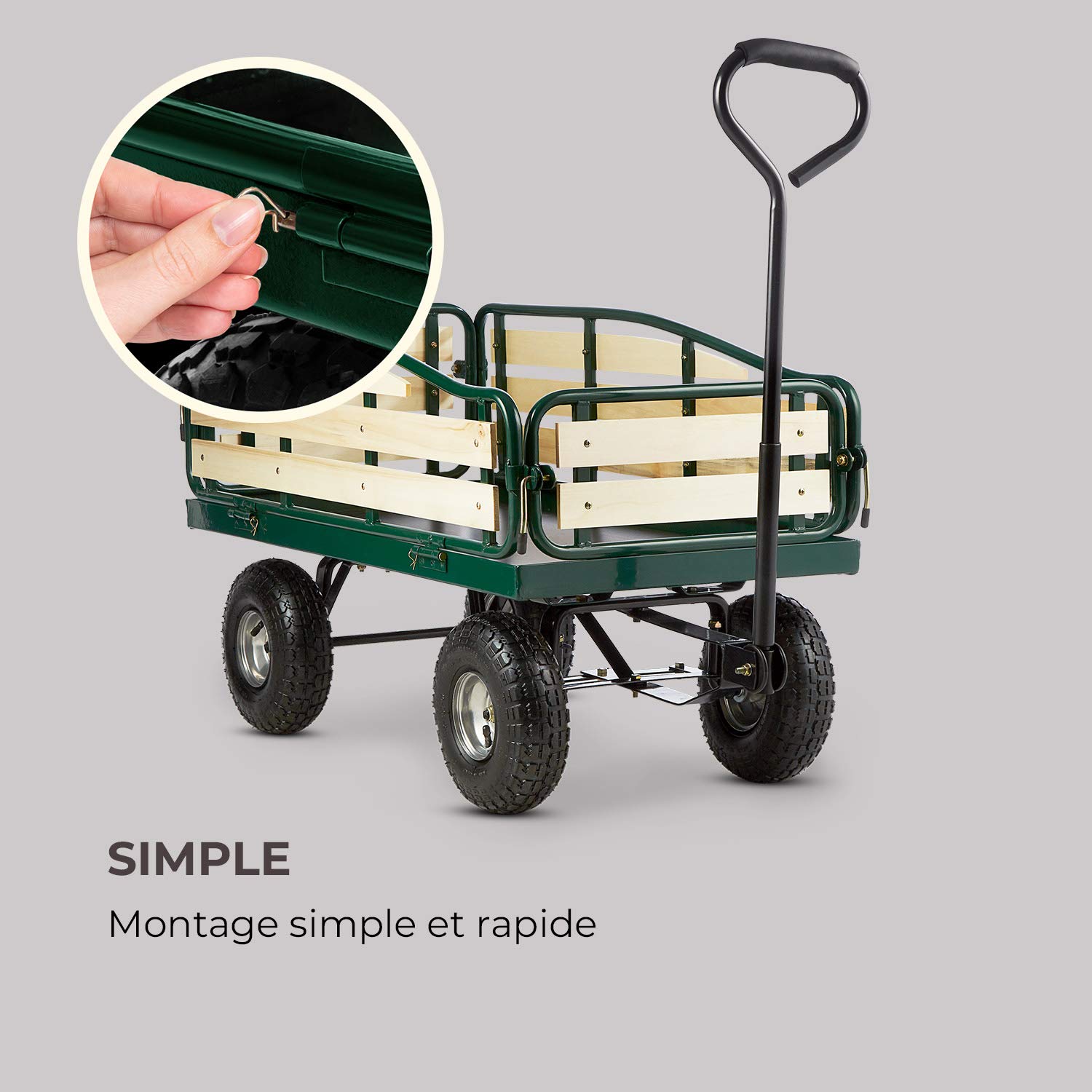 Waldbeck Ventura - Remorque de Transport à Main, Chariot de manutention carriole pour Jardin, travaux (Charge Max de 300 kg, Panneaux latéraux rabattables) Version 2020, Vert foncé