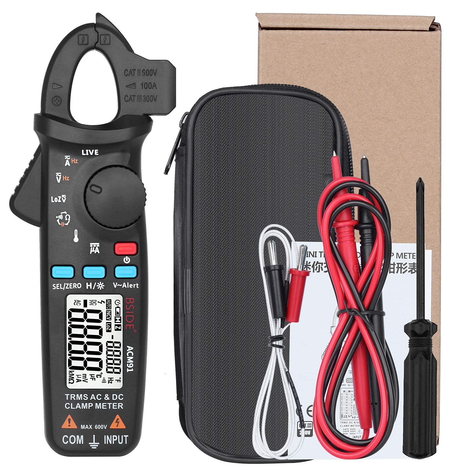 BSIDE ACM91 Pinza Amperometrica, Digitale Multimetro Range Automatico Tensione di corrente AC DC Resistenza Frequenza Capacitance Temperatura Tester NCV