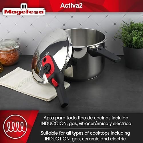 Miniatura 4 de Magefesa Activa2 - Olla a presión de acero inoxidable de 5.3 cuartos de galón, 2 programas de cocción, funciona en todas las estufas, mango rojo