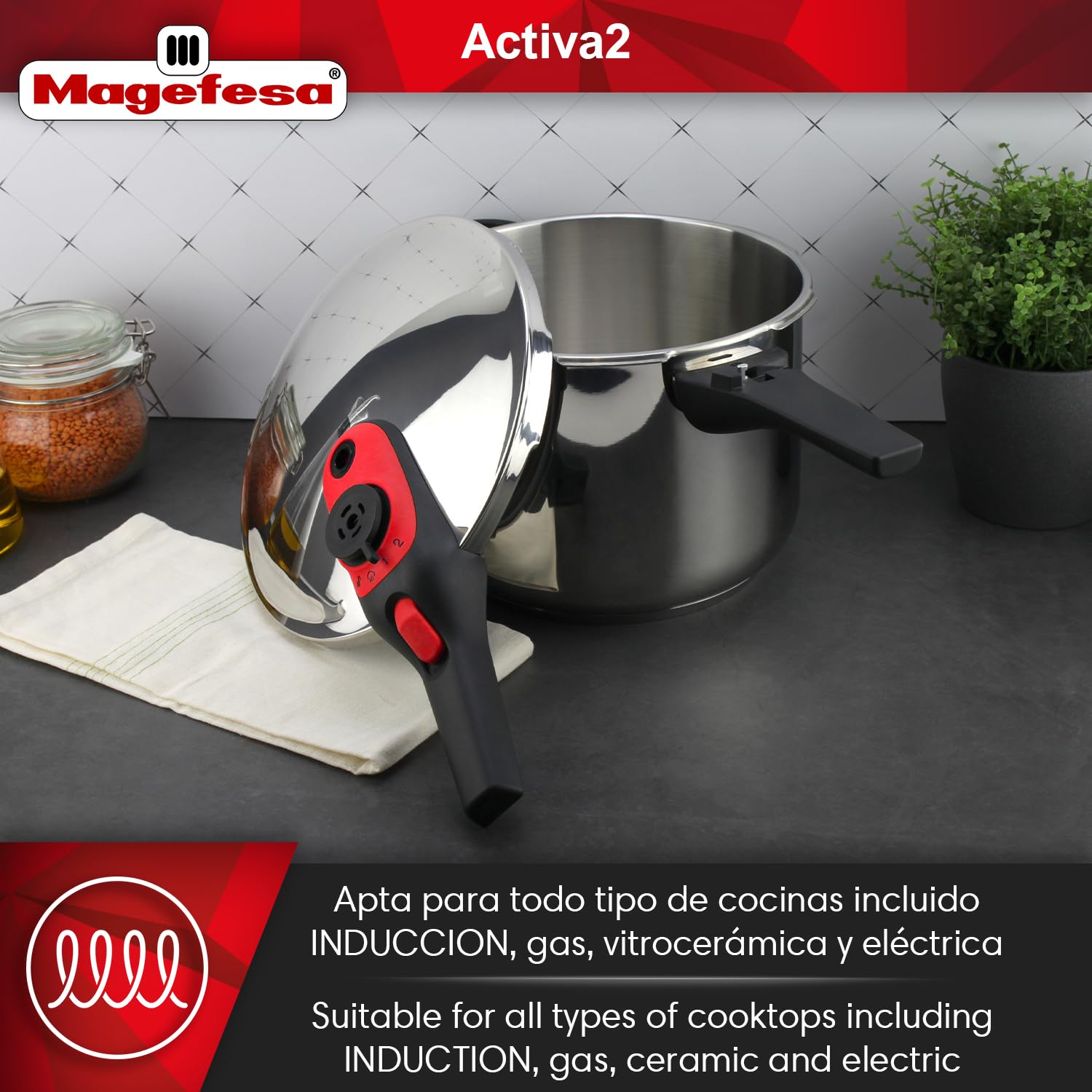 Magefesa Activa2 - Olla Express Rápida de 5 Litros, Acero Inoxidable 18/10, 2 Programas de Cocción, Apta para Todo Tipo de Cocinas, Inducción