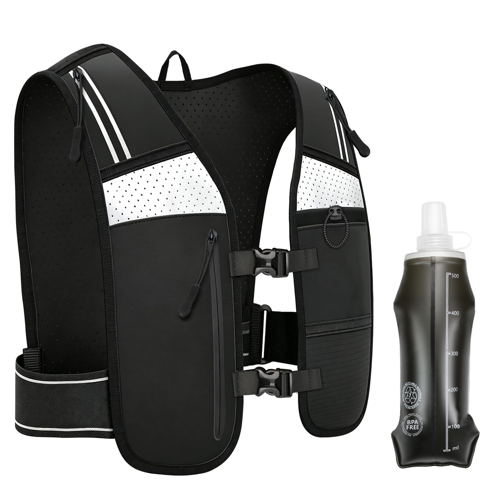 Laufweste für Damen und Herren, Trinkweste Verstellbar mit 500ml Trinkflasche, Ultraleichte und Atmungsaktive, Reflektierend mit Handytasche für Joggen, Wandern, Trailrunning, Schwarz