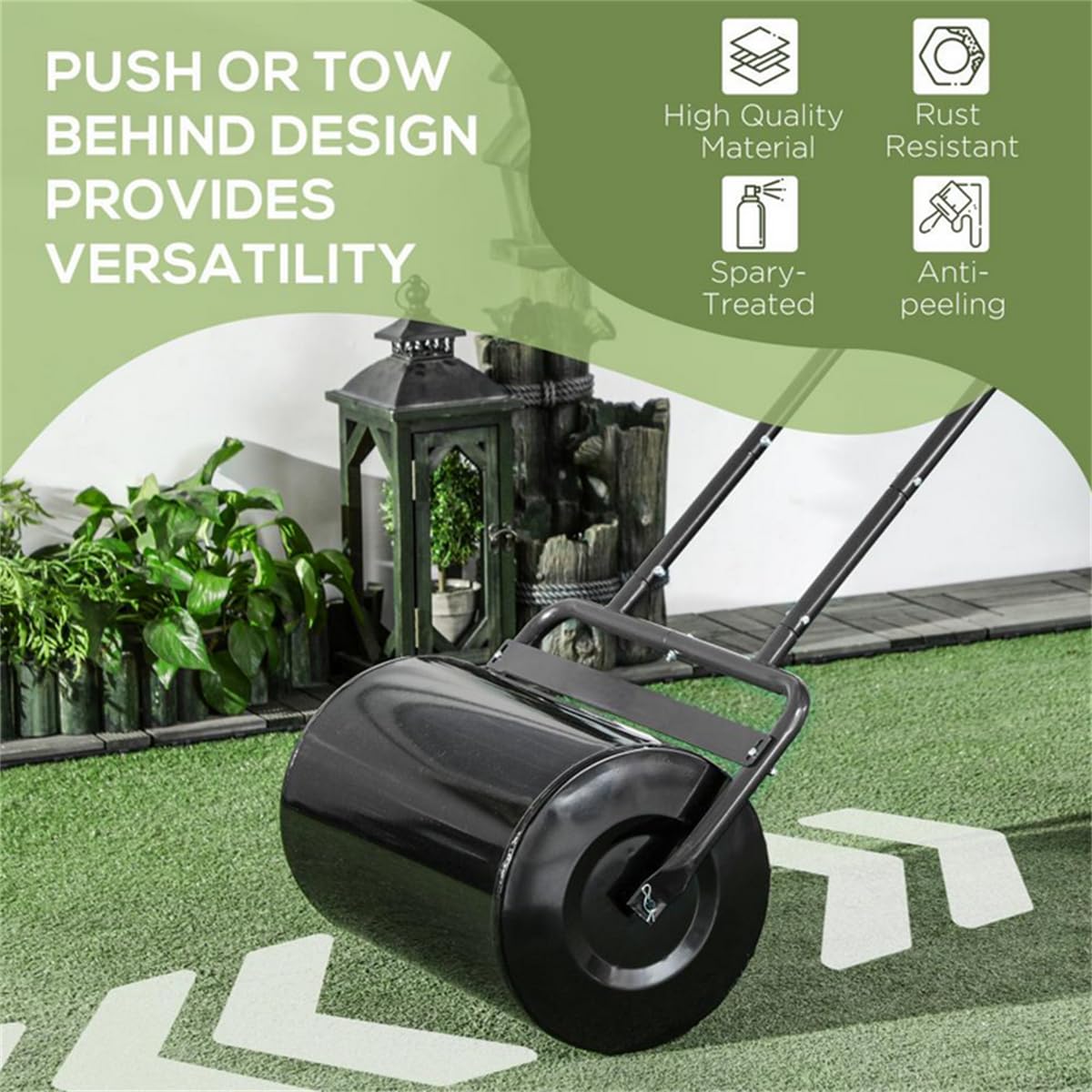 20 inch Lawn Grass Roller, 10 Gallons/38 L Water and Sand Filled Garden Drum Roller, Heavy Duty Push/Tow Steel Sod Roller with U Handle Tow Behind Water Filled for Park, Garden, Yard, Ball Field