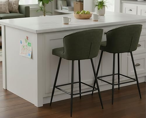 Miniatura 4 de EALSON - Juego de 2 taburetes de bar de altura de mostrador, sillas modernas de bar con respaldo, taburetes de bar tapizados en cuero con reposapiés