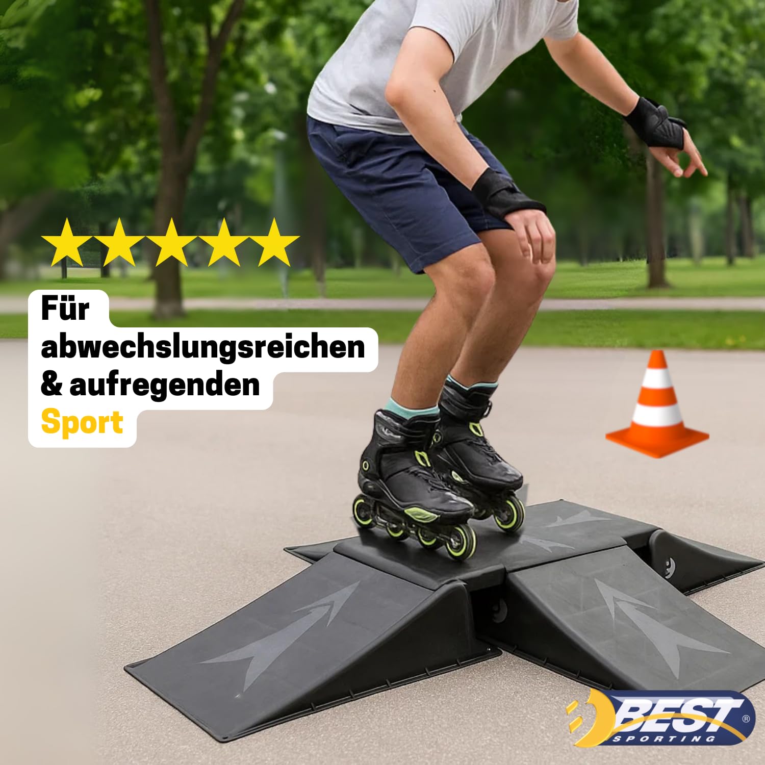 BEST SPORTING Rampen-Set Mit 4 Pylonen für Skateboard/BMX-Rad/Skater & RC Cars I 4+1-teilige Flexible Aufbaumöglichkeiten I Stabile Skateboard Rampe I Hochwertige Scooter