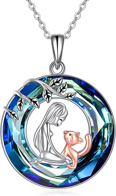 URONE Cat Gifts for Cat Lovers Girl and Cat Necklace Sterling Silver with Crystal and Leaves Rose Gold Cute Animal Pendant Birthday Jewellery Gifts for Women Daughter