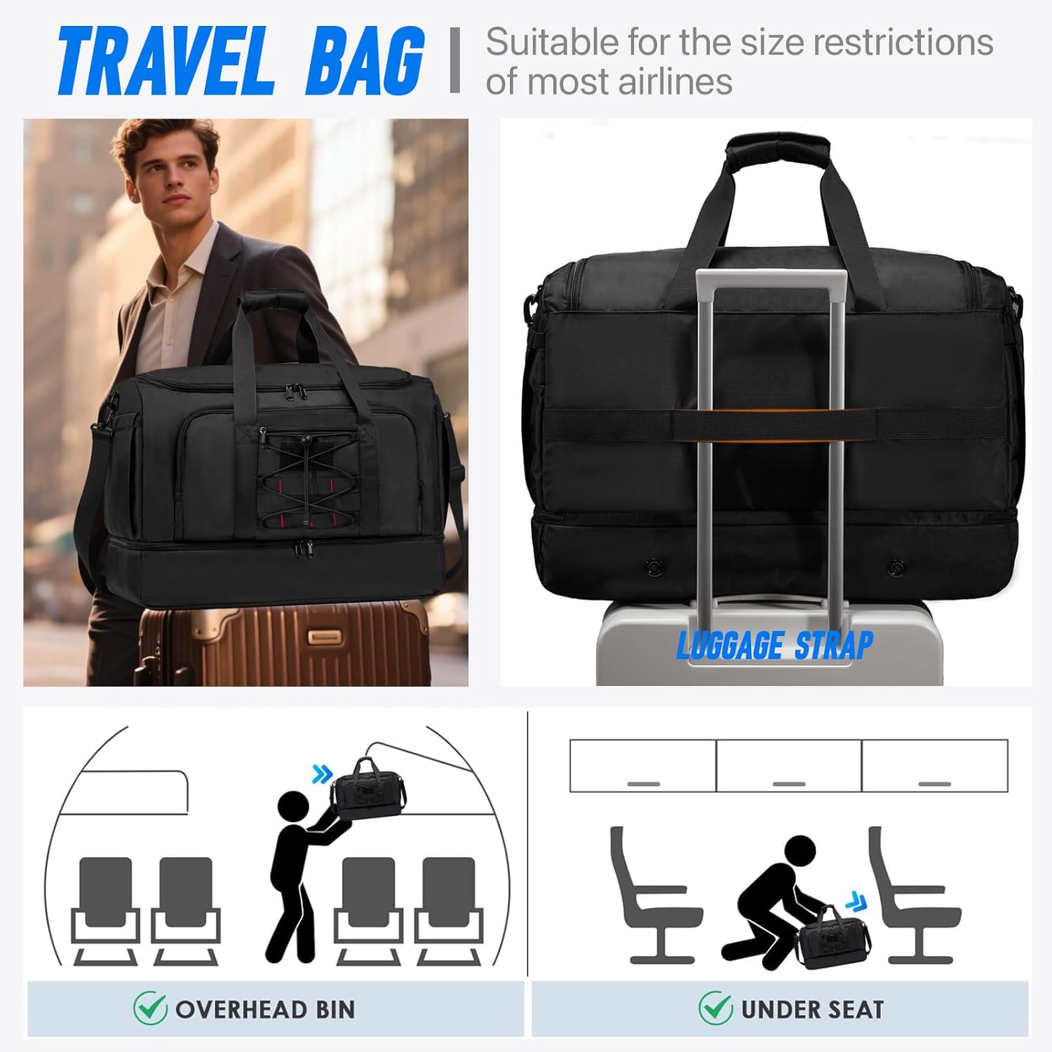 Travel Bag for Men Women, Duffle Bag & Gym Bag with Shoe Compartment, Weekender Overnight Bag with Toiletry Bag and Carry on Bags for Travel, Flight Airplane, Fit Trip, Gym, Yoga, Black - Image 5