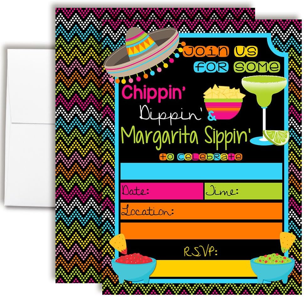 Chips, Dips, and Margarita Sips Birthday Party Invitations, 20 5x7 Fill In Cards with 20 White Envelopes by AmandaCreation