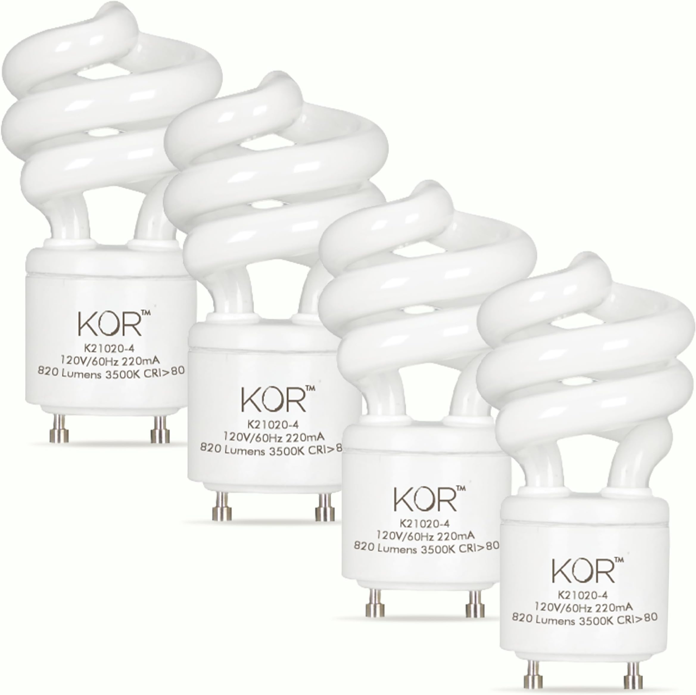 - KOR Pack of 4 – 13 Watt Mini Spiral – GU24 Twist and Lock Base. Self-Ballasted CFL, 2pin Fluorescent Bulb, Neutral White 3500K (60 Watt Equivalent)