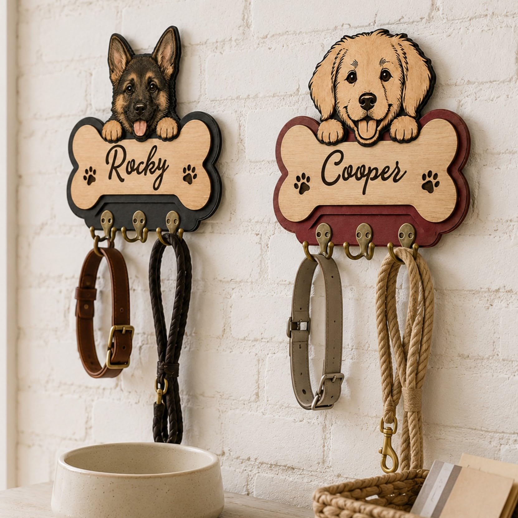 Personalized Dog Bone Key Holder Wooden Sign, Pet Collar Harness Organizer