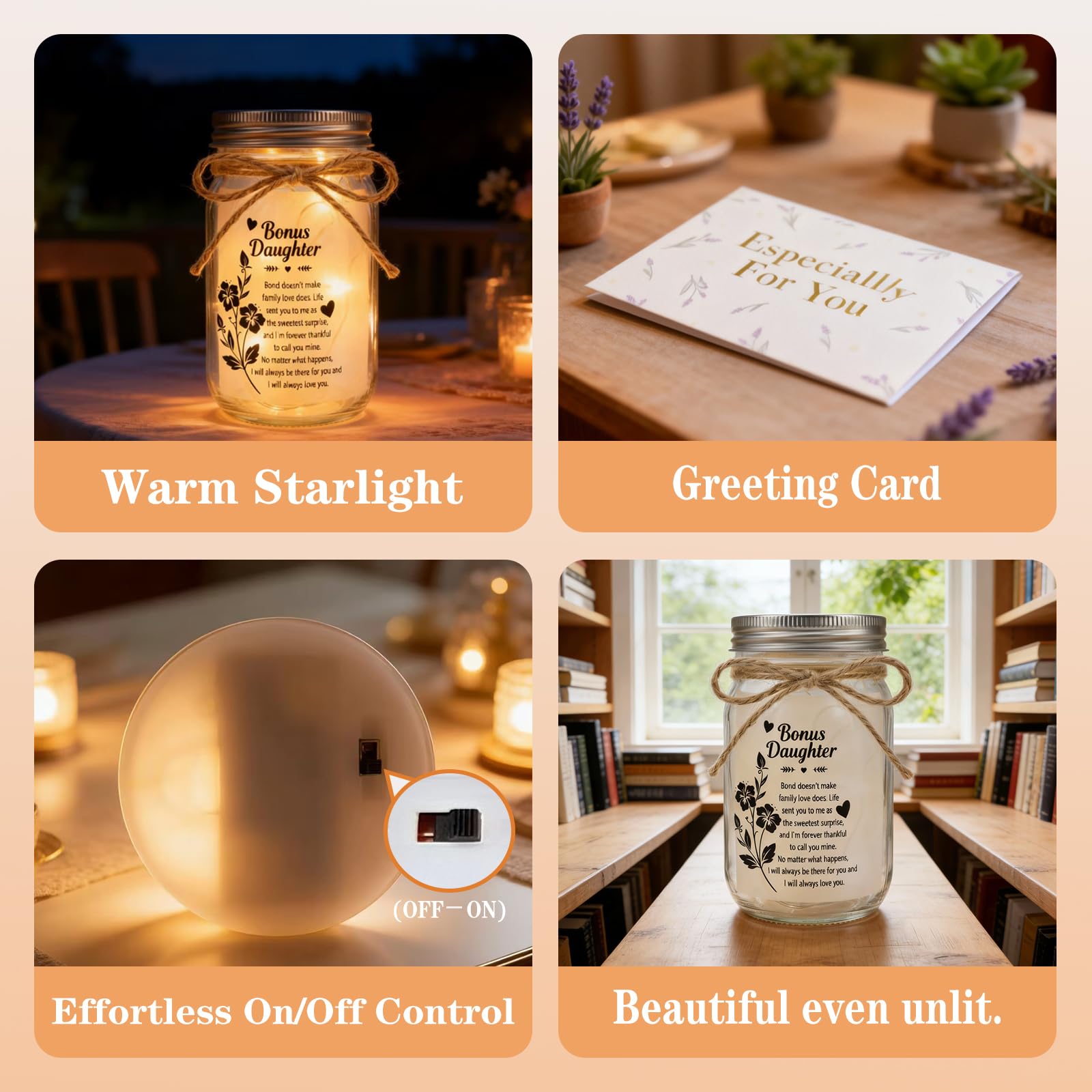 Bonus Daughter Mason Jar Night Light, Bonus Daughter Birthday Gifts from Stepmom, Step Daughter Gifts, Best Step Daughter Gift Idea for Birthday Christmas Comfort Decor