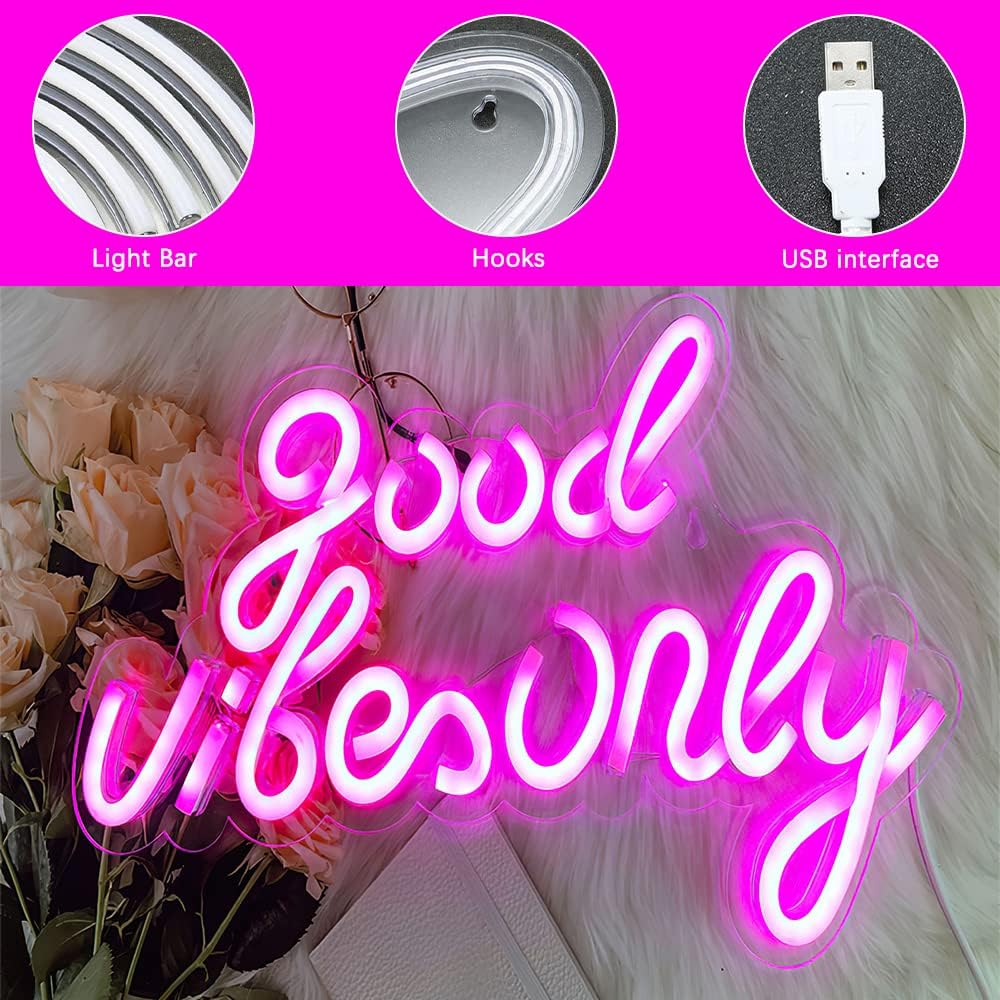 LUFEIS Neon Sign, Good Vibe Only, Acryl Neon Light, USB Leuchtreklame, Neonlicht 3D Wanddeko, LED Neonlicht, für Schlafzimmer Wanddekoration, Bar Hochzeit Dekor Liebhaber Geschenk