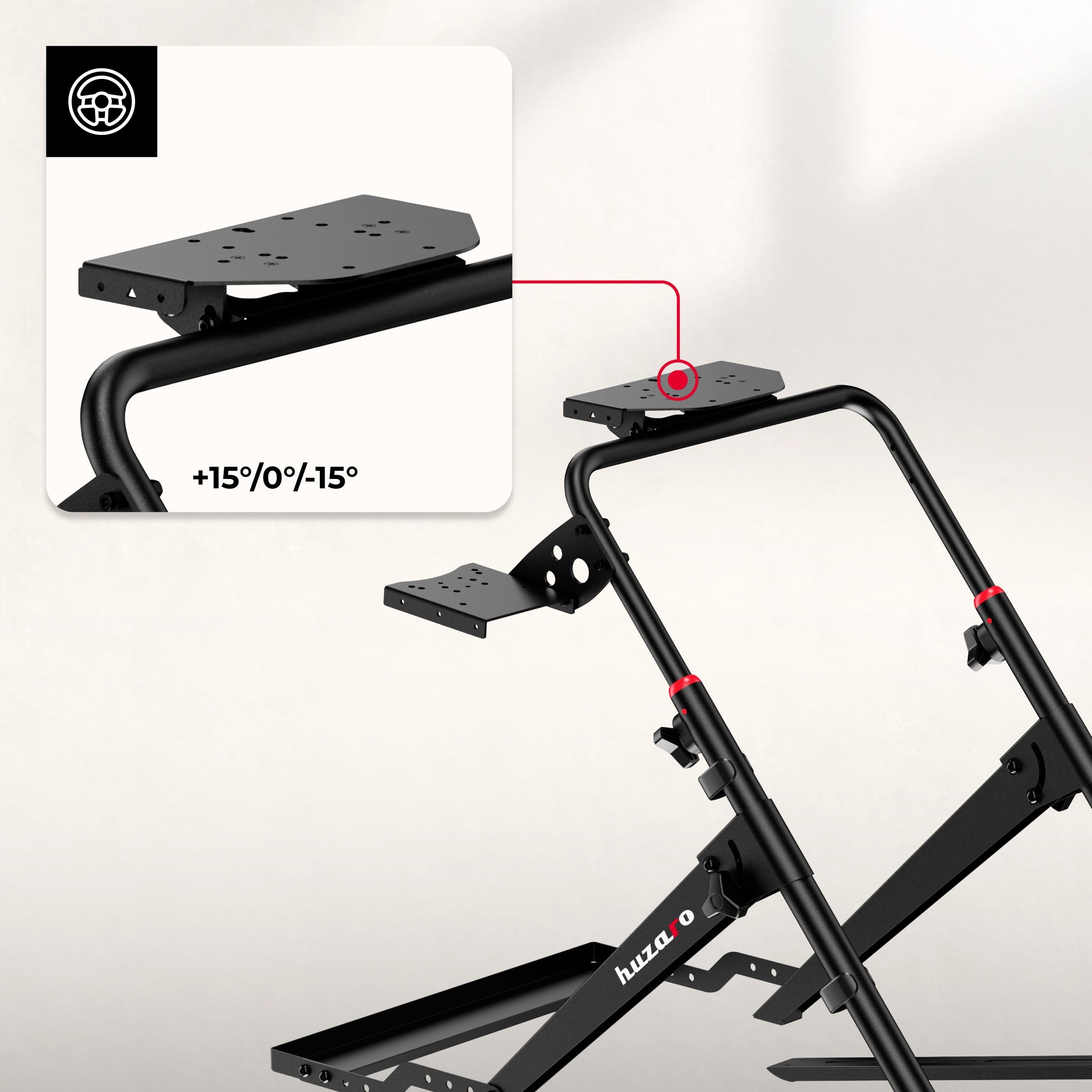 huzaro Speed 4.0, Supporto volante regolabile, compatibile Logitech Thrustmaster Fanatec MOZA Simagic, altezza 65,3-82 cm, blocco sedile, Shifter sinistra/destra, acciaio 1,5 mm