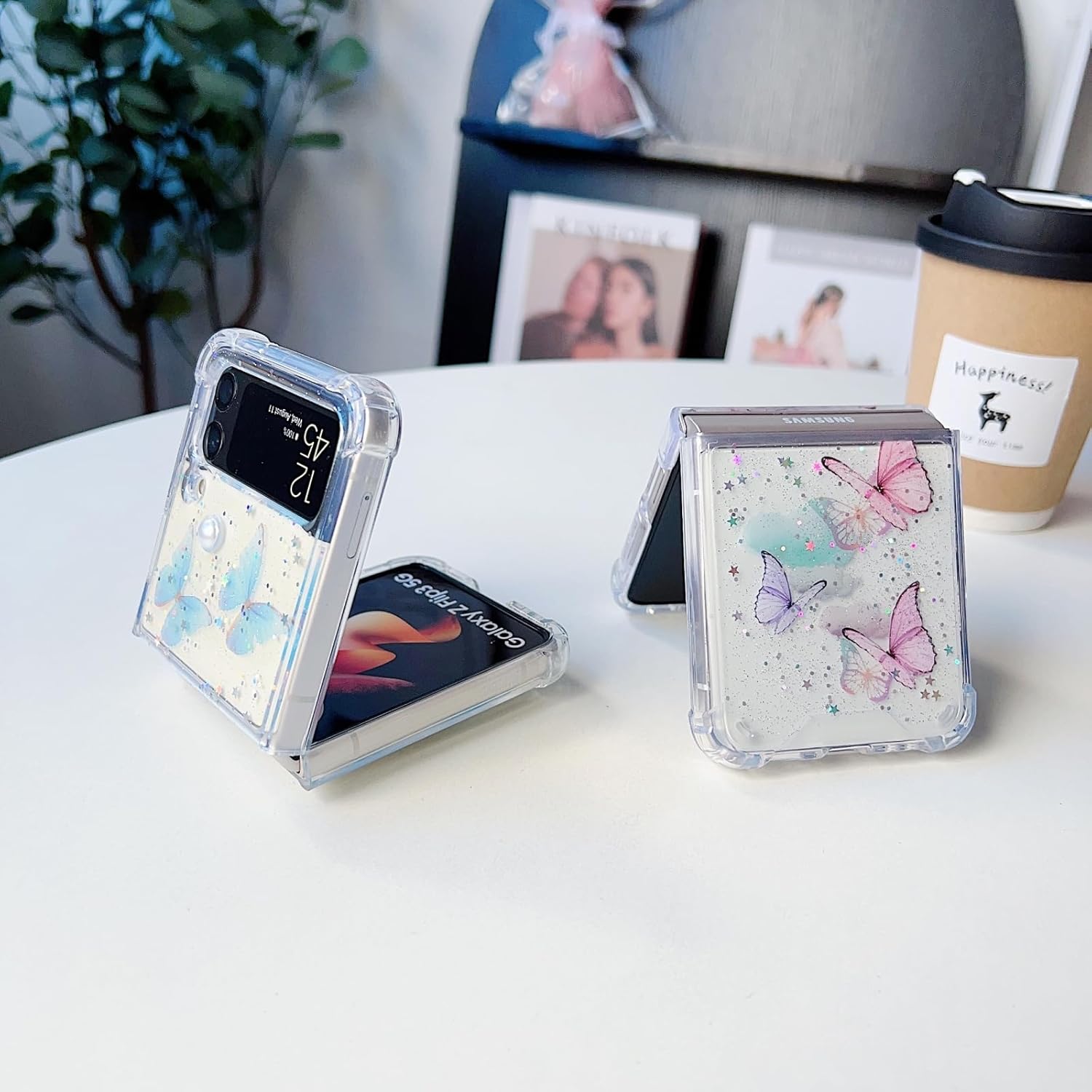 UEEBAI Case for Samsung Galaxy Z Flip 4 5G, Ultra Thin Glitter Butterfly Mobile Phone Case Transparent [Never Yellowing] Silicone Protective Case Slim Fit Soft TPU Bumper Cover for Women Girls - Pink