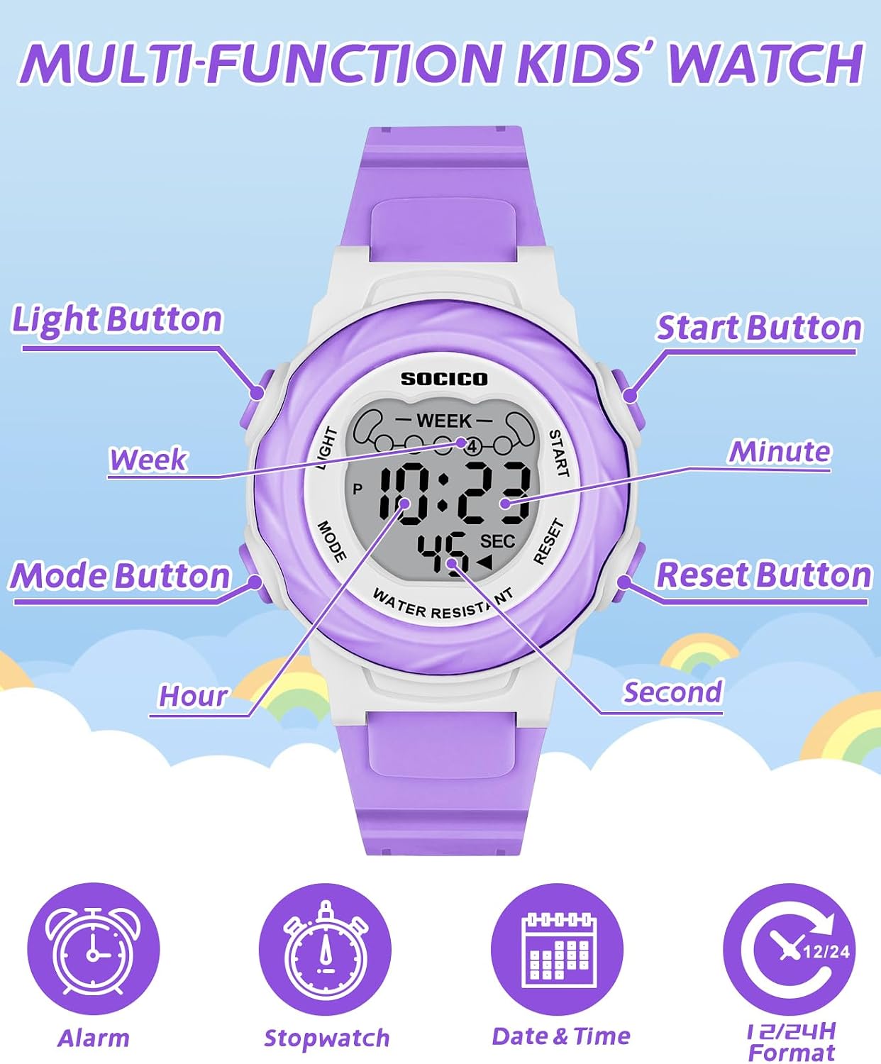 SOCICO Kids Digital Watches for Girls Boys, 5ATM Waterproof, 7 Color Lights Waterproof Watches for Kid with Alarm Stopwatch, Soft Band Wrist Watch Gifts for Kids Ages 5-12