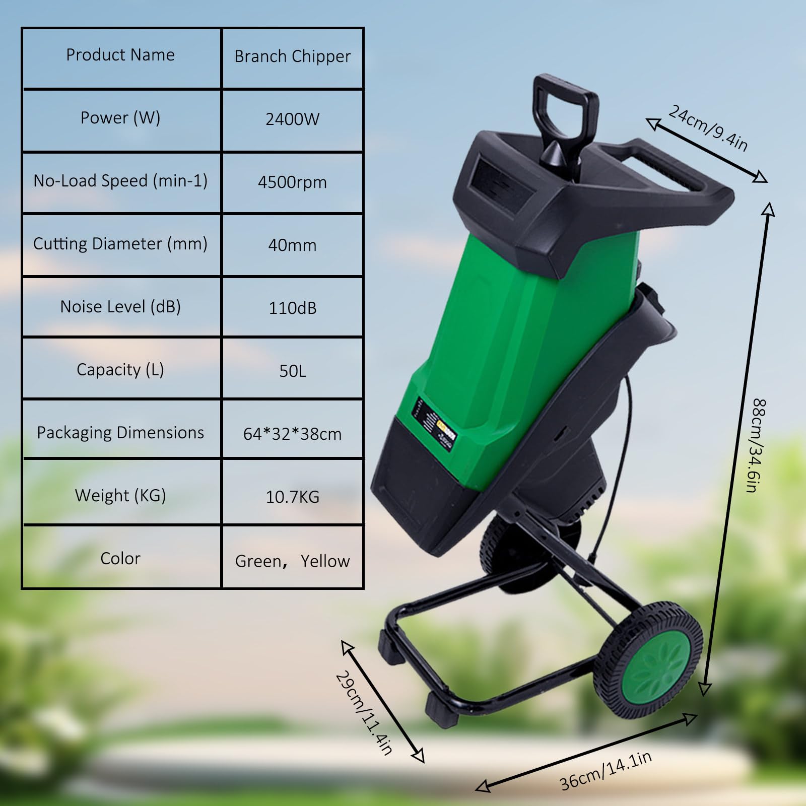 Trituradora eléctrica de jardín, trituradora de ramas con cable con bolsa de recogida y varilla de empuje para hojas y residuos de patio, máquina trituradora eficiente de ramas de árbol