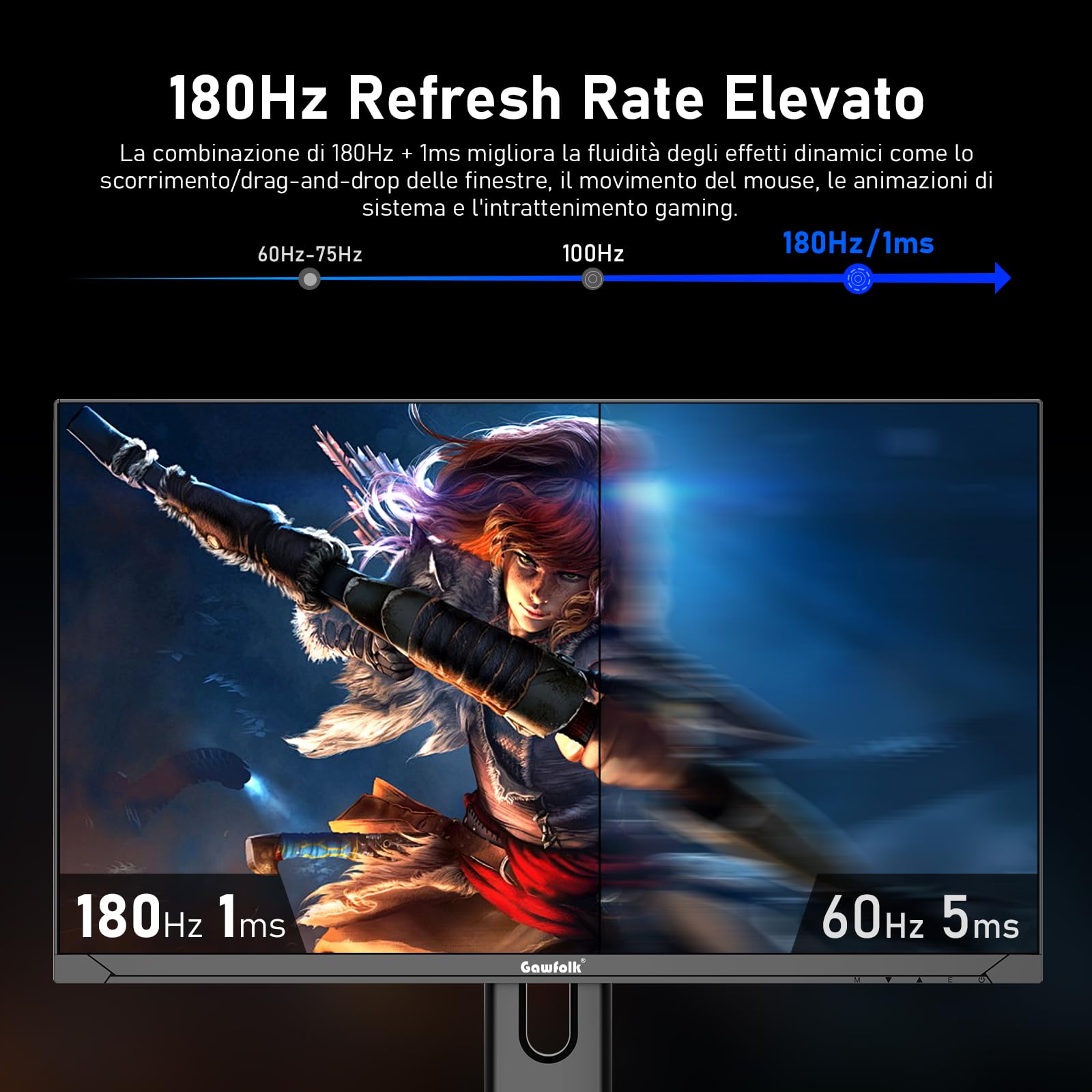 Gawfolk Schermo PC IPS da 27 pollici, 2K WQHD (2560 × 1440), monitor da gioco 180Hz, 1ms senza bordi, 100% sRGB, 178 ° grandangolo, HDMI, DisplayPort, compatibile con 75 * 75mm montaggio a parete-Nero