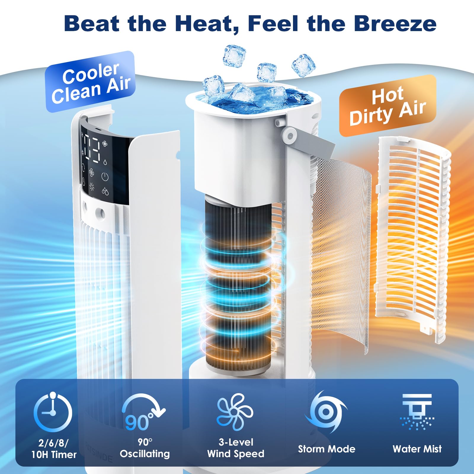 Aire Acondicionado Portátil Sin Tubo Exterior, 4 en 1 Ventilador Refrigeración, 3 Niveles de Velocidad, Función de Nebulización, Oscilación de 90°, Pantalla LED, con Mando a Distancia (Blanco)