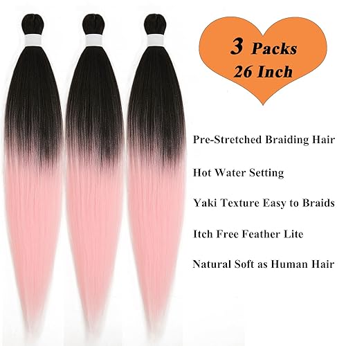 Miniatura 3 de Ai Yuchen Paquete de 3 extensiones de cabello trenzado con degradado rosa preestirado de 26 pulgadas, fácil de trenzar, extensiones de cabello