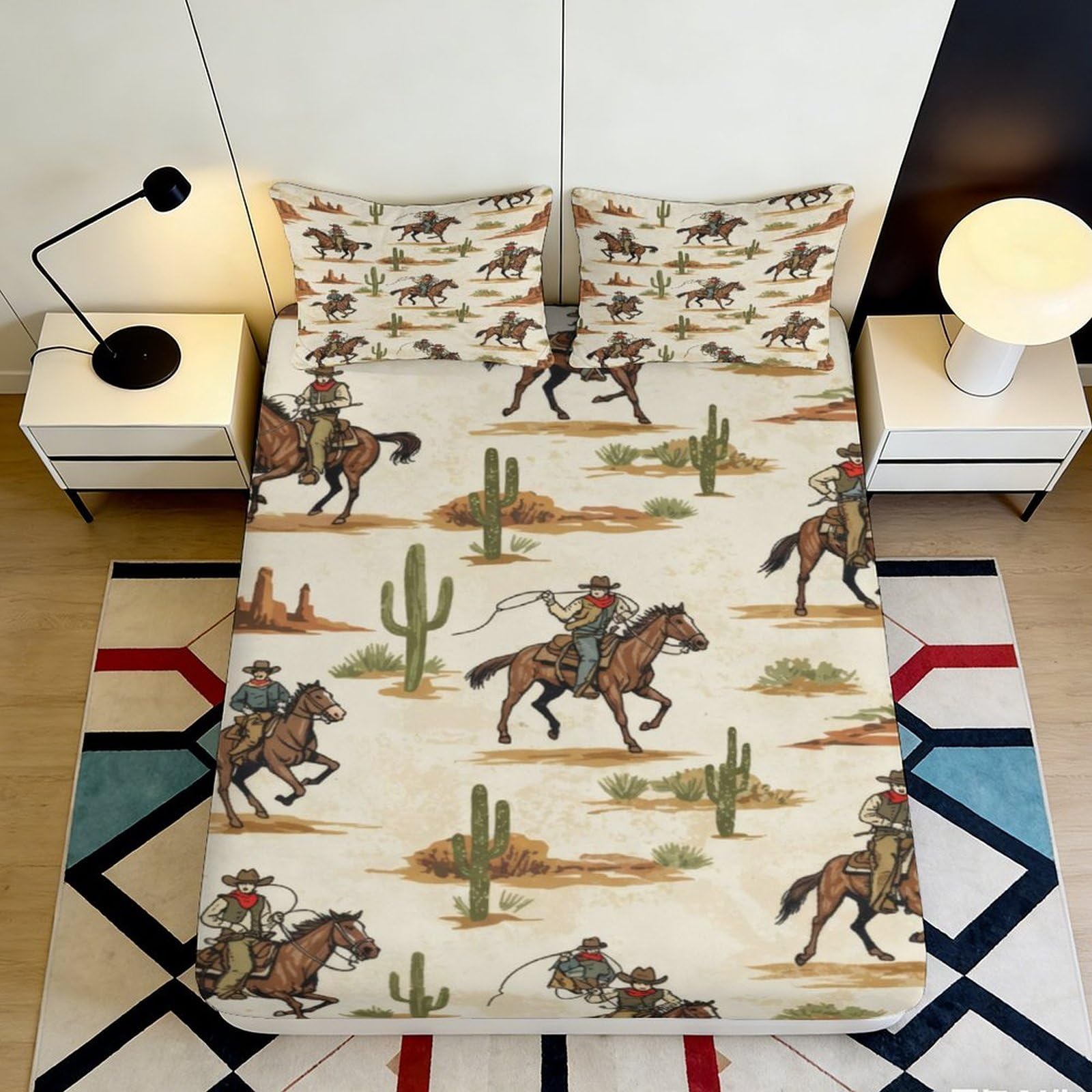 3D Printed Cowboy Desert Fitted Sheet Microfiber Soft Breathable Western Horse Bed Cover for Bedroom Dormitory Guest Room Mattress Protection Decor 120x200x25cm