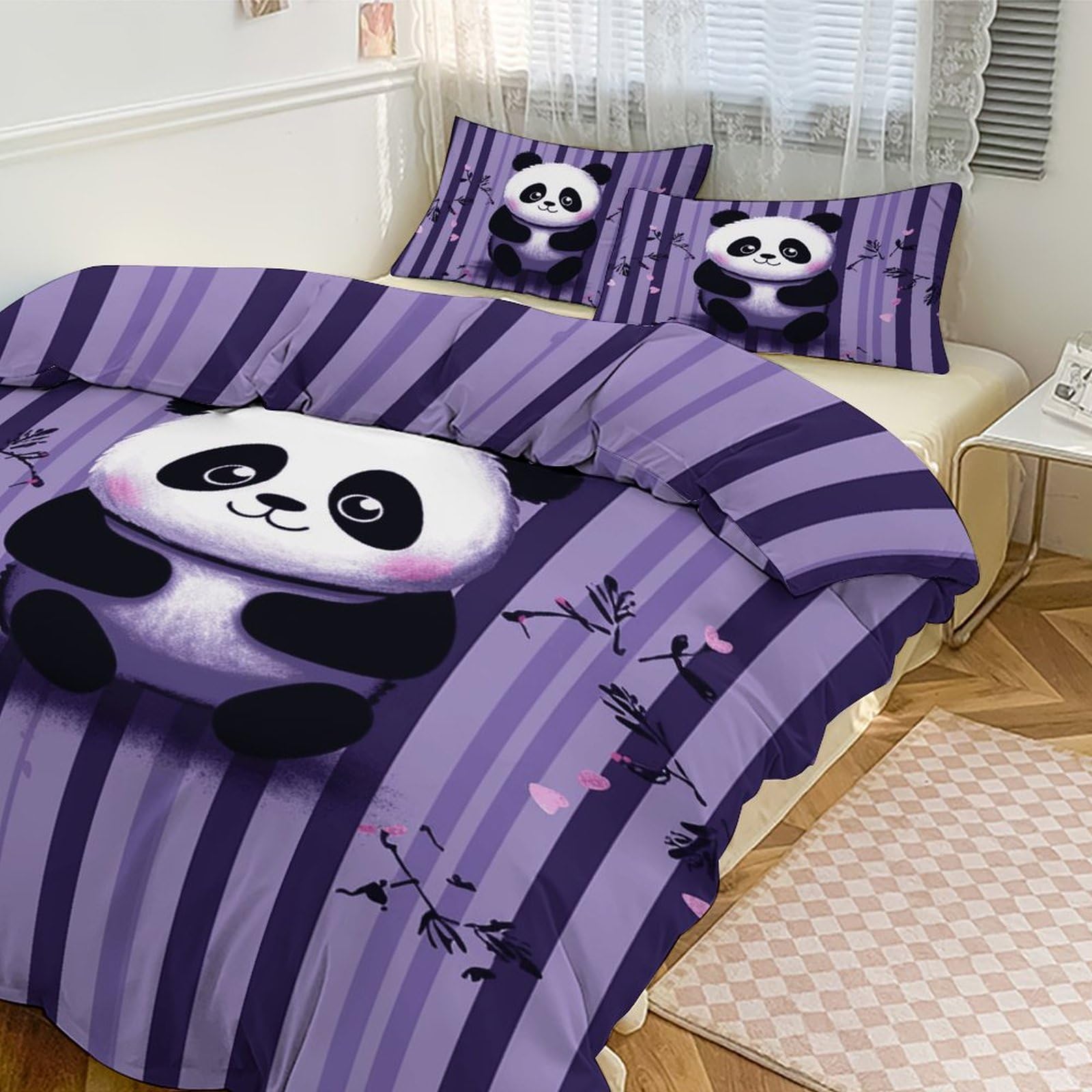 Couette pour grand lit panda rayures violettes, parure de lit 3 pièces contre le froid