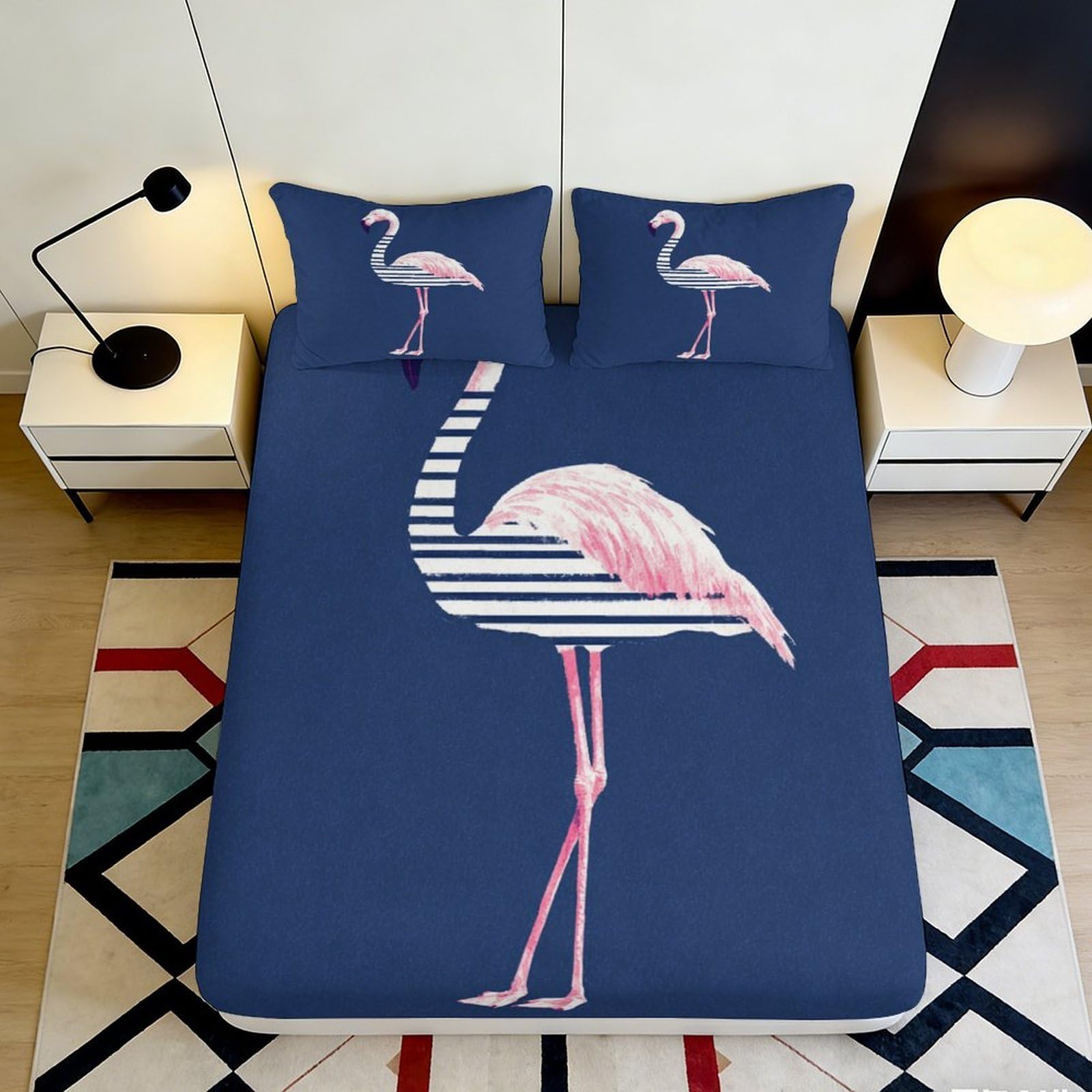 3D Printed Flamingo Blue Fitted Sheet Microfiber Soft Breathable Tropical Bird Bed Cover for Bedroom Dorm Mattress Protection Decor 90x200x25cm