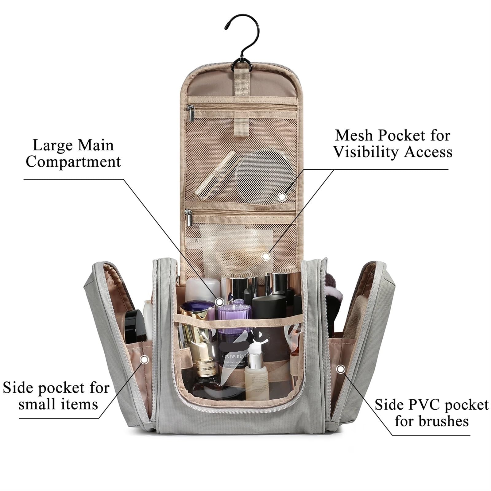 Neceser Bolsas de Viaje Colgantes, Nuevo Organizador de Maquillaje Transparente Impermeable, Gran Capacidad, Neceser cosmético, Estuche organizadores(Black,L)