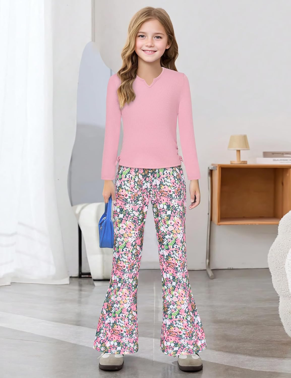 Crazyme Girls Clothes Long Sleeve Pure T-Shirt and Bell Bottom Pants 2 Pieces Fall Winter Clothes for Teen Girls 6-14 - Image 2