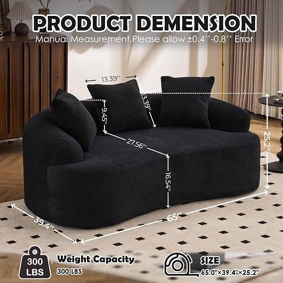 HRVEOCEI 65 Black Curved Couch& Loveseat Sofa with 3 Pillows, Compression Couch with Round Armrest, Suitable for Small Space, Bedroom, Living Room, Memory Foam, Chenille, No Assembly (Black)