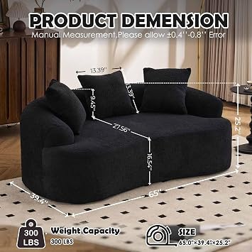 HRVEOCEI 65 Black Curved Couch& Loveseat Sofa with 3 Pillows, Compression Couch with Round Armrest, Suitable for Small Space, Bedroom, Living Room, Memory Foam, Chenille, No Assembly (Black)