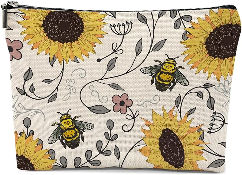 Necessaire de maquiagem retangular XFN com zíper, estampa de girassol e abelha, Multicolor 0117, Pacote com 1
