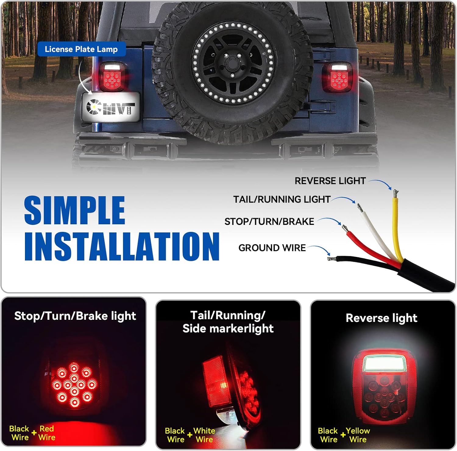 LED Replacement Tail Lights Taillights for 1979-2006 Jeep Wrangler TJ YJ CJ-5 CJ-7 , Smoke Lens BAR Square Brake Stop Turn Signal Reverse License Plate lamp w/ Side Marker Light Assembly, 2PCS