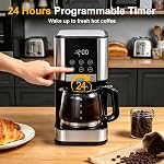 10 Cup Programmable Drip Coffee Maker, Adjustable Brew Strength, Pause & Serve, Heat Resistant Glass Carafe, Permanent Filter, Auto Shut Off, Stainless Steel, Compact Coffee Machine for Home Office