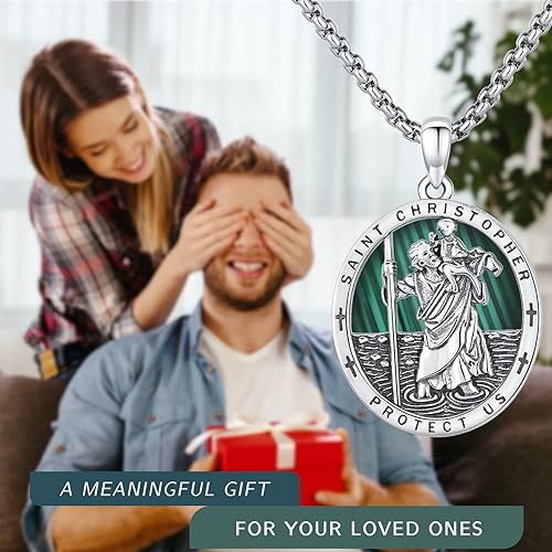 Miniatura 7 de Collar con colgante de plata de ley 925 con diseño de malaquita verde San Cristóbano San Miguel San Sebastián Guadalupeángel gurdiano medalla de