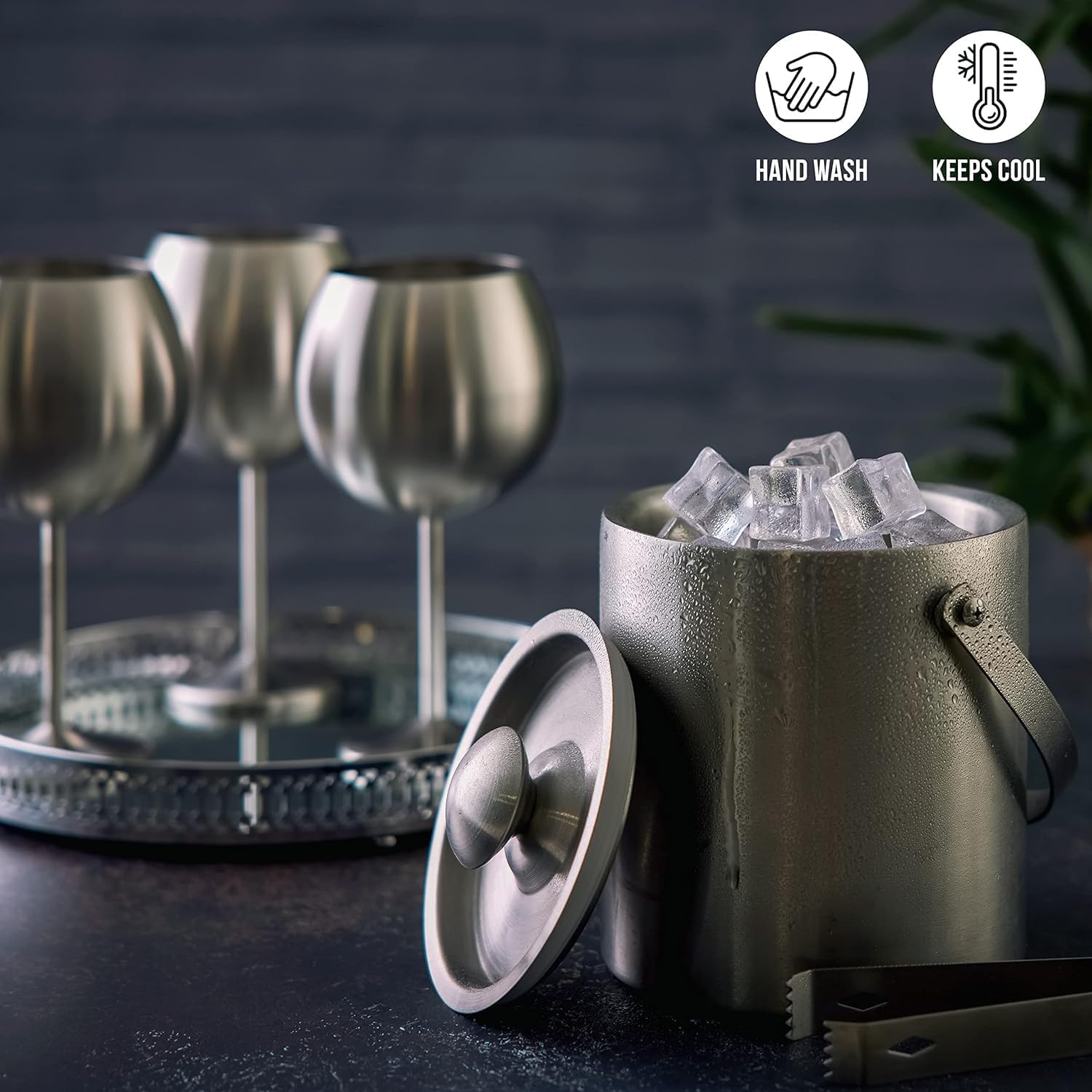 Seau à Glace Isotherme Double Paroi en Acier Inoxydable avec Couvercle Ustensiles pour Bar et Vin (3L)