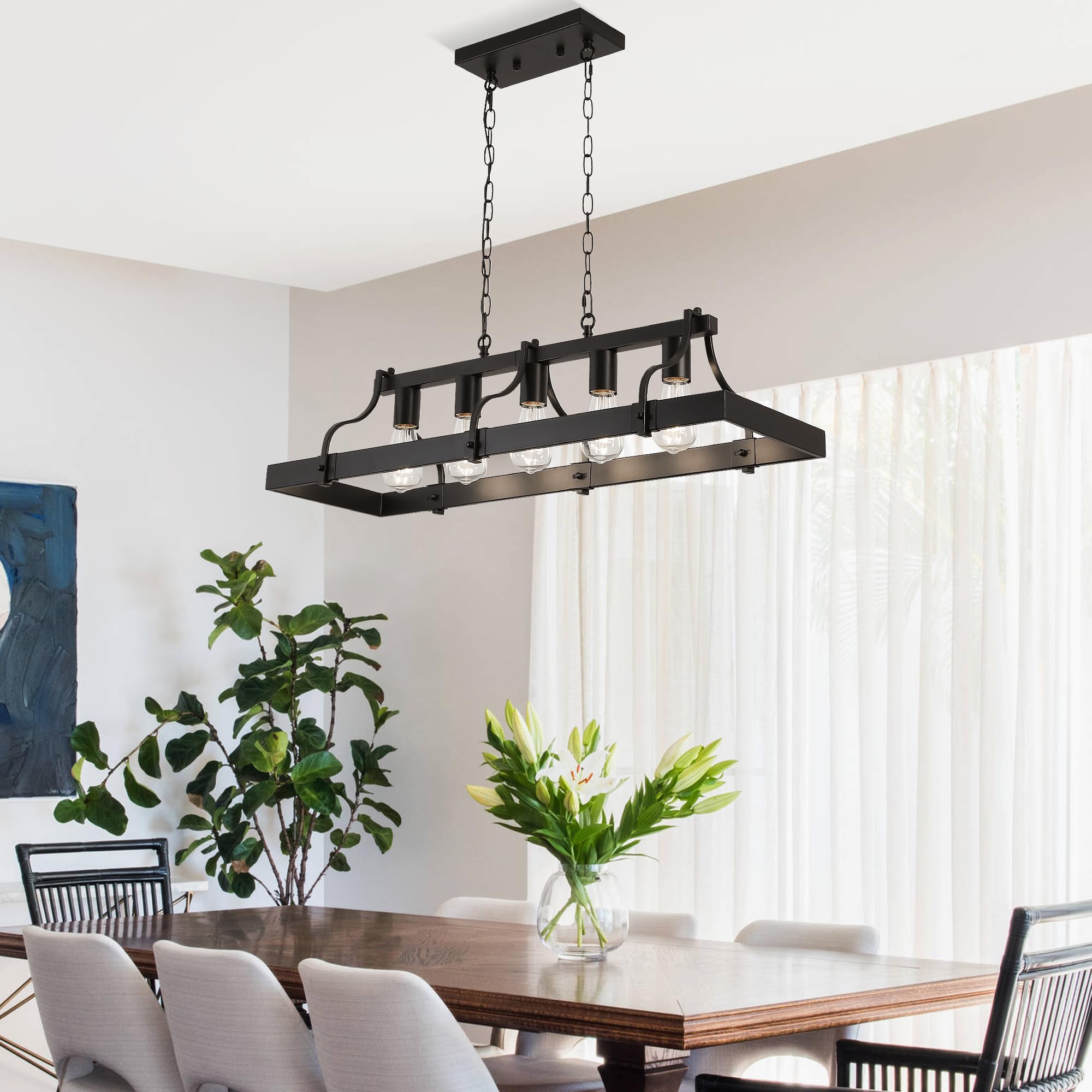 Lampadario A Sospensione A 5 Luci, Imitazione Legno, Lampadario Rustico Lineare, Attacco E27 Per Isola Cucina, Sala Da Pranzo, Ristorante, Lampada A Sospensione, Nero