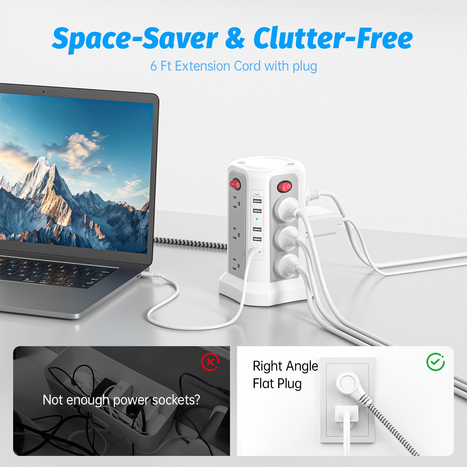 PD20W USB C - Regleta protectora contra sobretensiones, cable de extensión de 6 pies de largo
