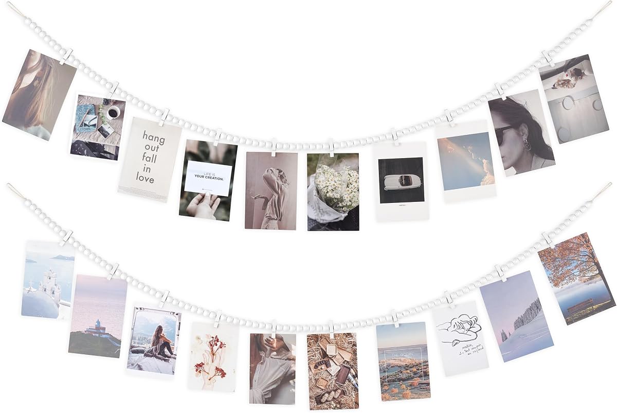 Exhibición de fotos colgante con clips, pancarta de cuerda con cuentas de madera bohemias de 2 piezas
