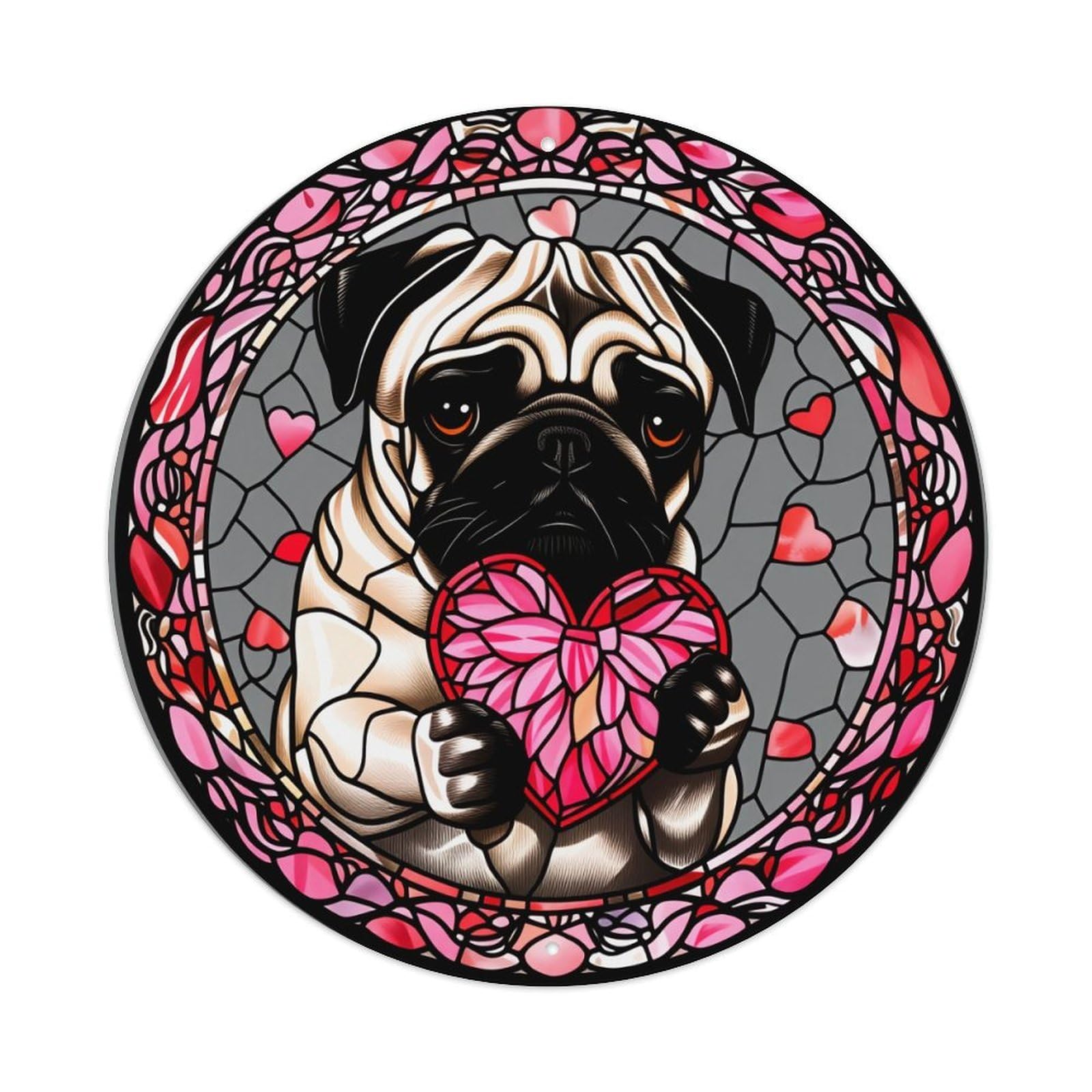 Stained Glass Pug Heart Pattern Round Tin Sign Vintage Metal Poster Retro Bar, Home, Man Cave, Kitchen, Laundry Room Wall Art Decor Gift 8x8Inch
