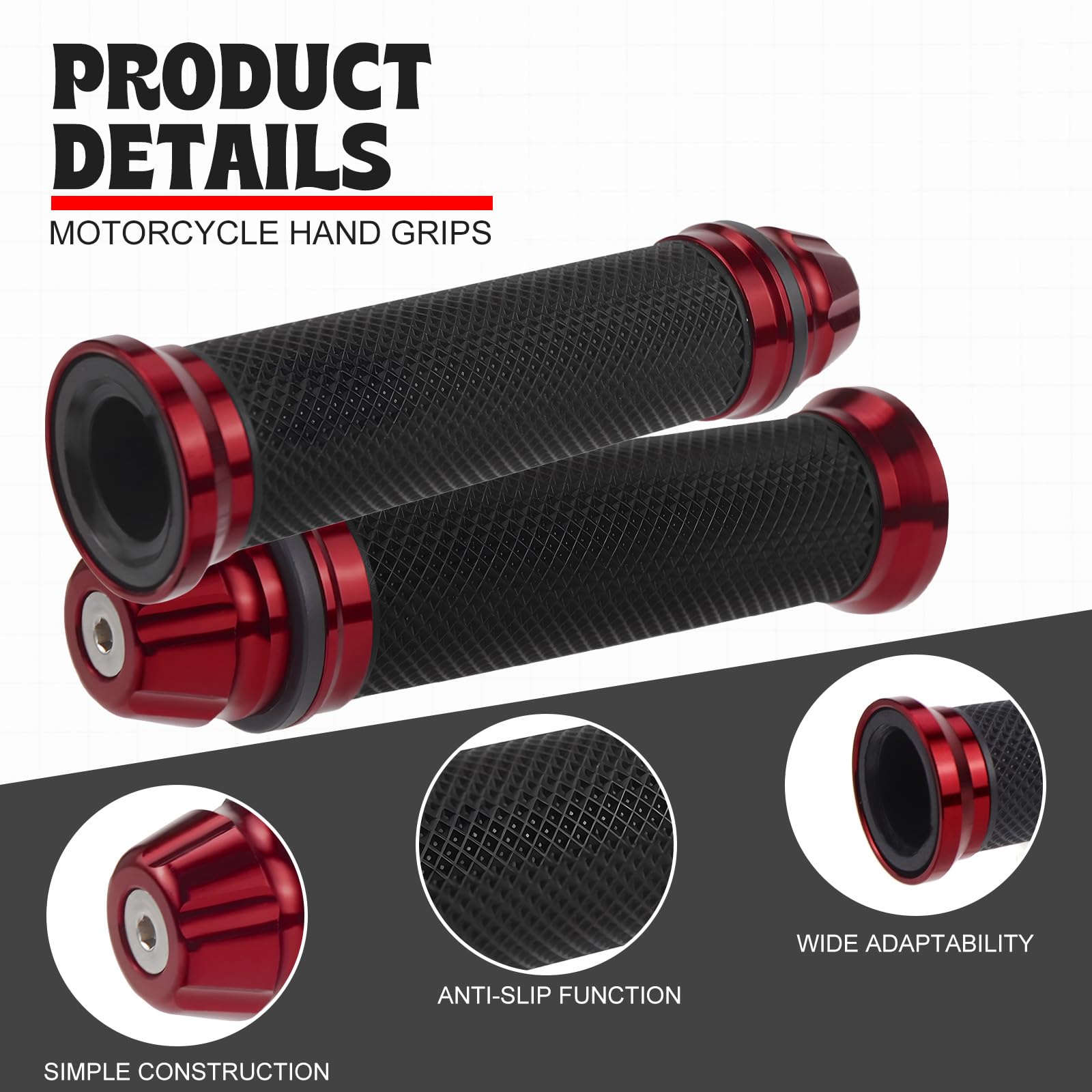 Manopole Moto 2 Pezzi Gomma 22mm/24mm Manubrio per Scooter Quad Cruiser Off Road Rosso