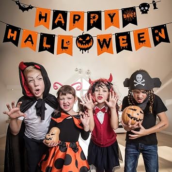 Happy Halloween Banner Decorations, Pumpkin Halloween Bunting Hanging Banner Outdoor Indoor for Halloween Decor Home Office Party Favor Decor Supplies All Hallows' Day