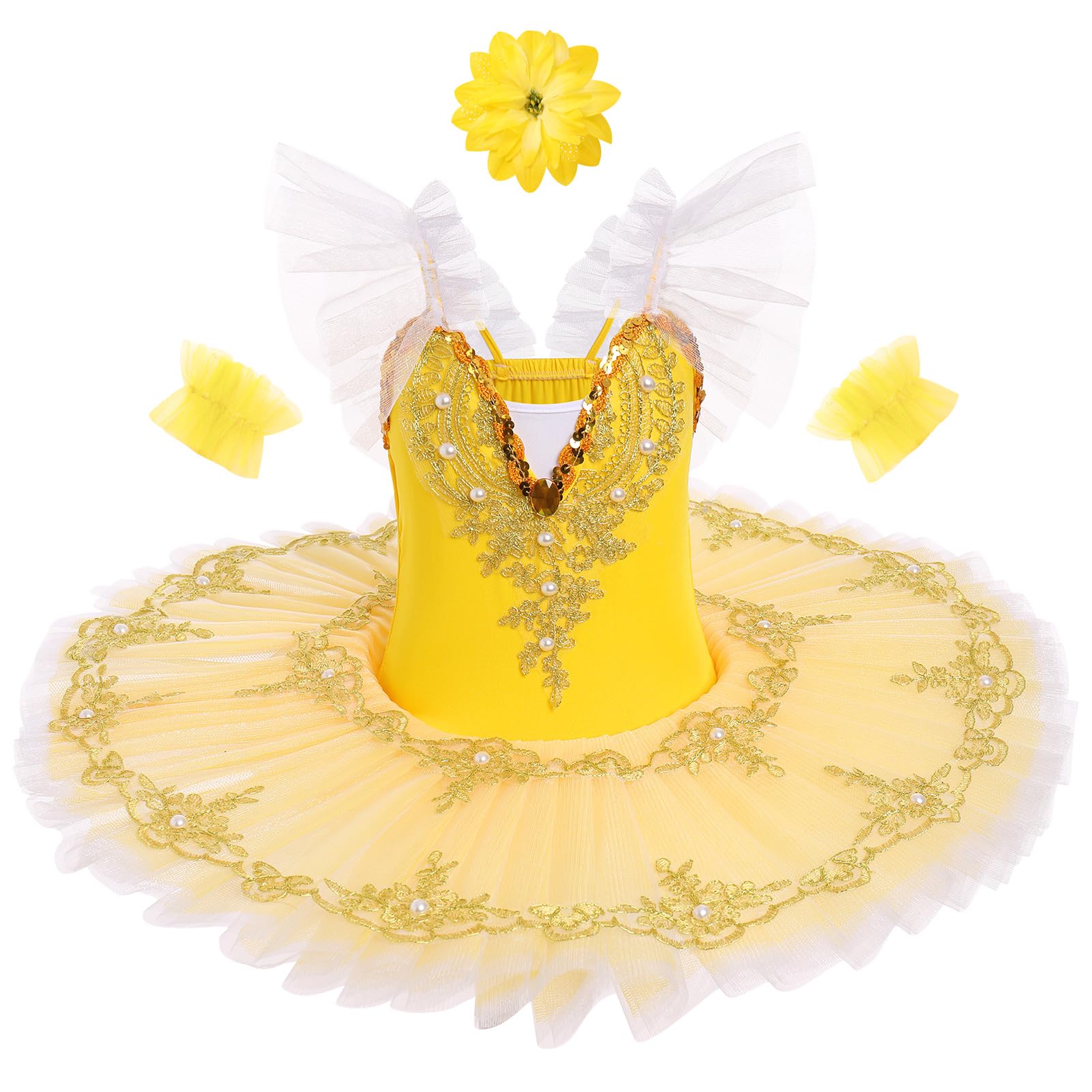 AFAVOM Ballerina Swan Lake Costume for Girls Camisole Skirted Leotard Ballet Dance Outfit with Hair Clip Armbands Sparkle Embroidery Hard Platter Tutu Performance Dancewear Dress Yellow 7-8 Years