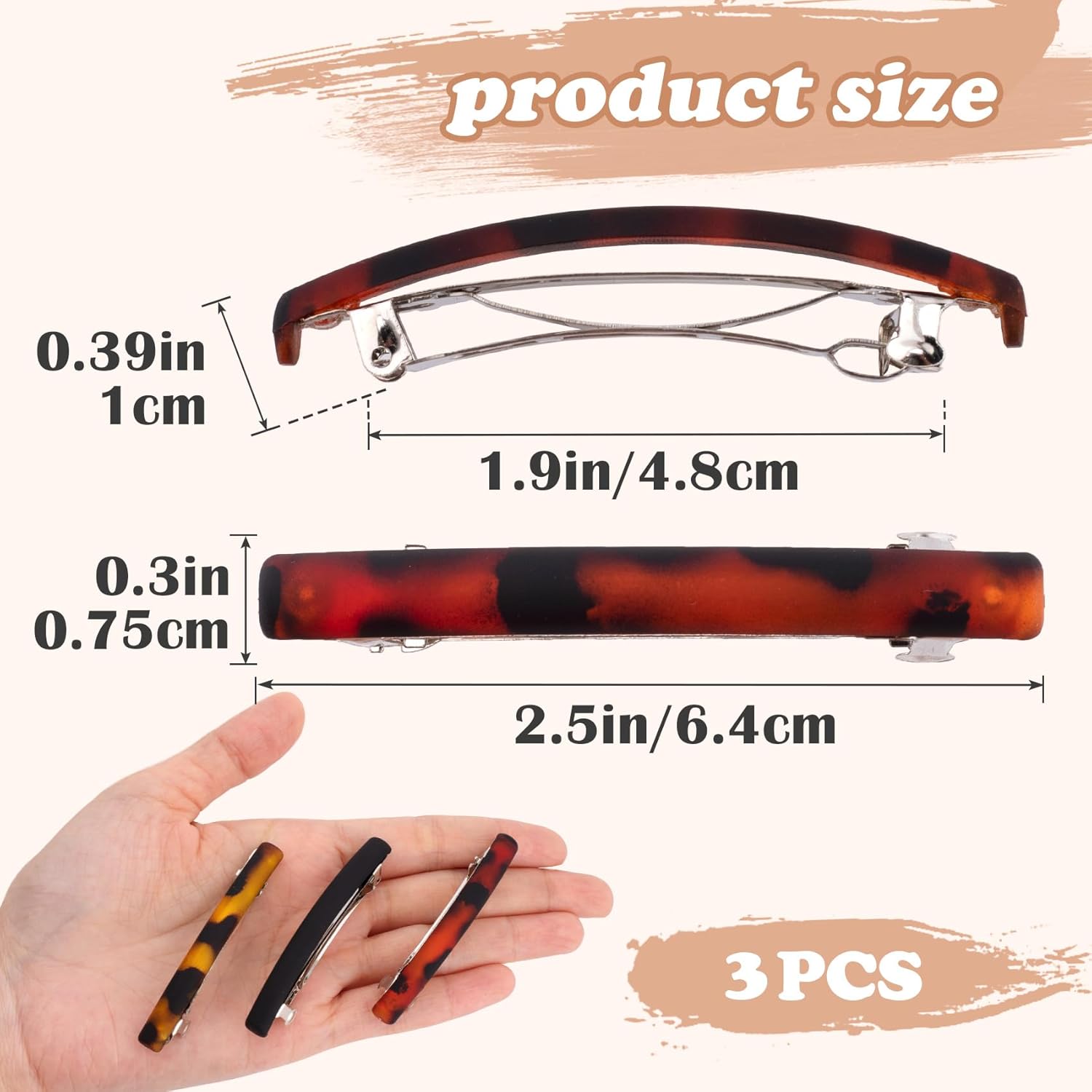 3PCS French Barrette Hair Clips for Women, 2.5 Inch Small Tortoise Shell Hair Clip, Curved Frosted Thin Hair Flat Hair Accessories for Women (3 Colors) - Style 3 - Image 2