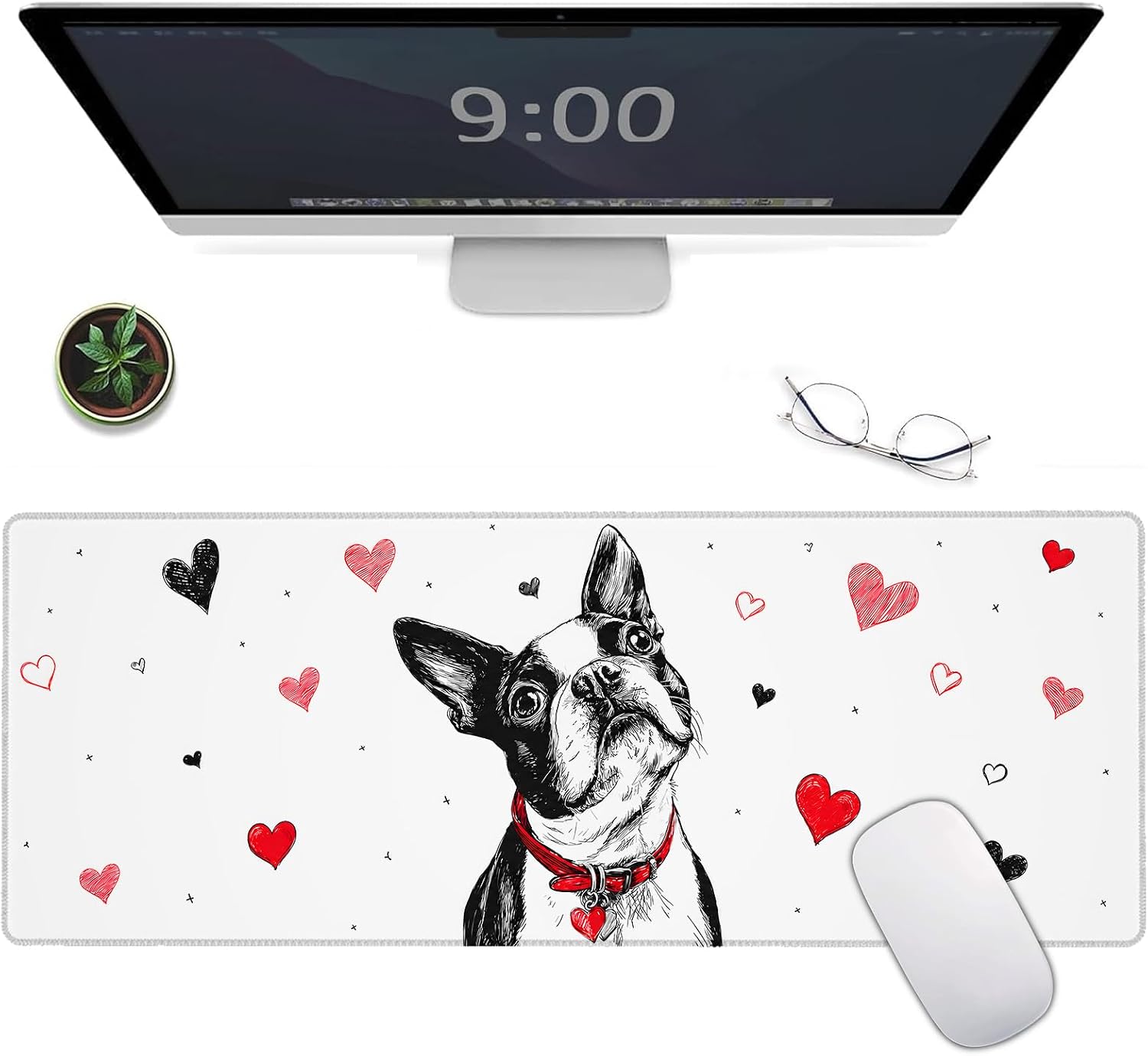 Boston Terrier Gaming Mouse Pad,Sketch Large Desk Mat, 31.5x11.8x0.12in Extended Non-Slip Rubber Heart Dog Art Mousepad, Computer Deskmat Gifts, Laptop Mice Pads Decor for Office Home
