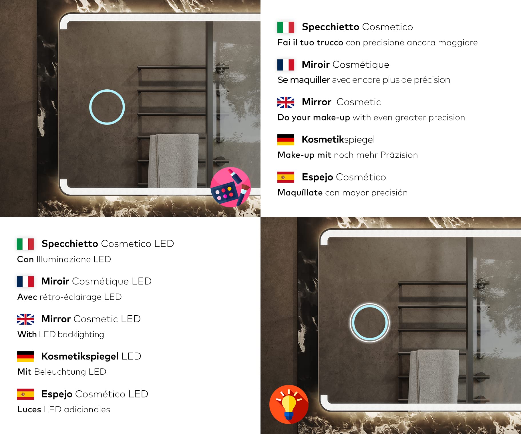 Badspiegel mit Beleuchtung - Led Spiegel Bad - 130x60 - Badezimmerspiegel Nach Maß - auf Individuelle Bestellung Gefertigt - Modernes Design - Ohne Rahmen